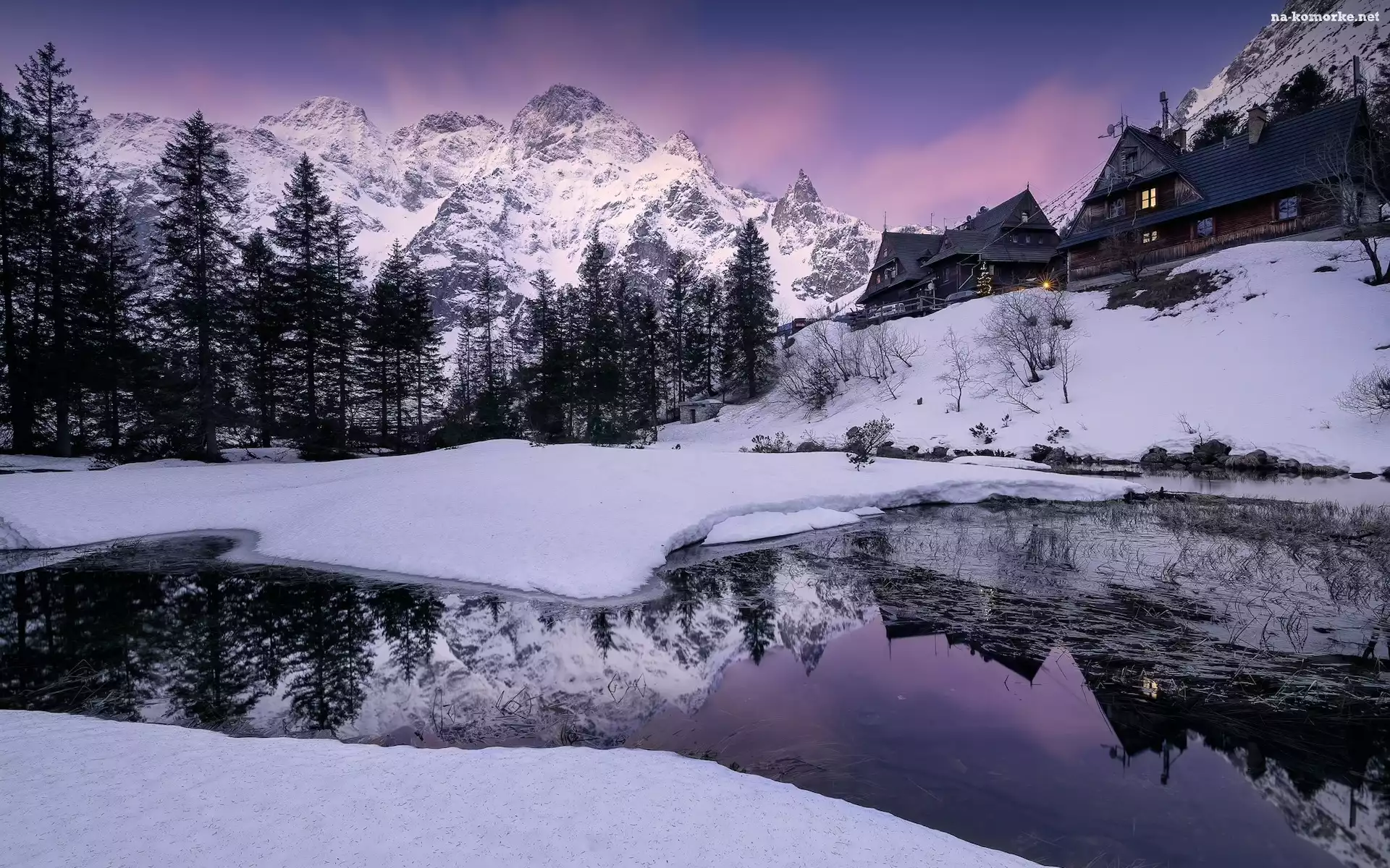 Tatry, Drzewa, Morskie Oko, Polska, Zima, Domy, Jezioro, Góry