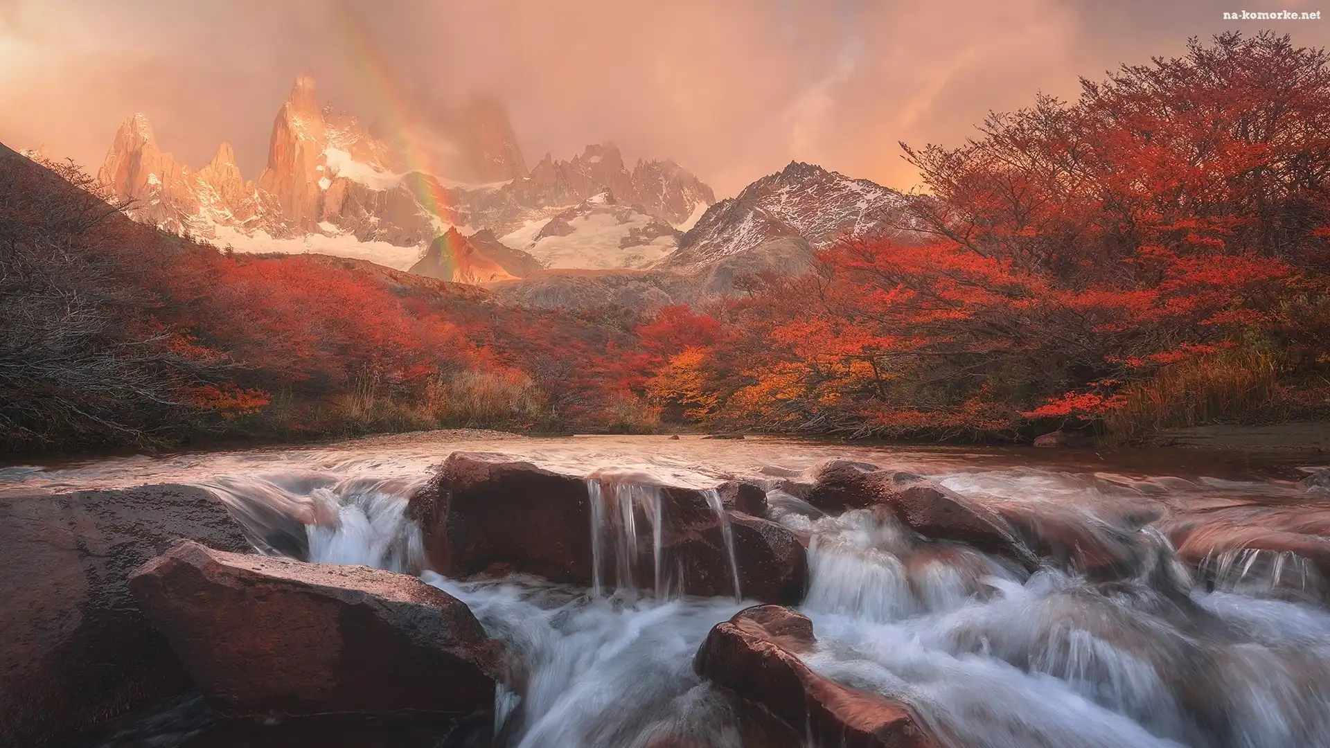 Park Narodowy Los Glaciares, Rzeka, Góry Andy, Głazy, Tęcza, Jesień, Drzewa, Kamienie, Czerwone, Argentyna