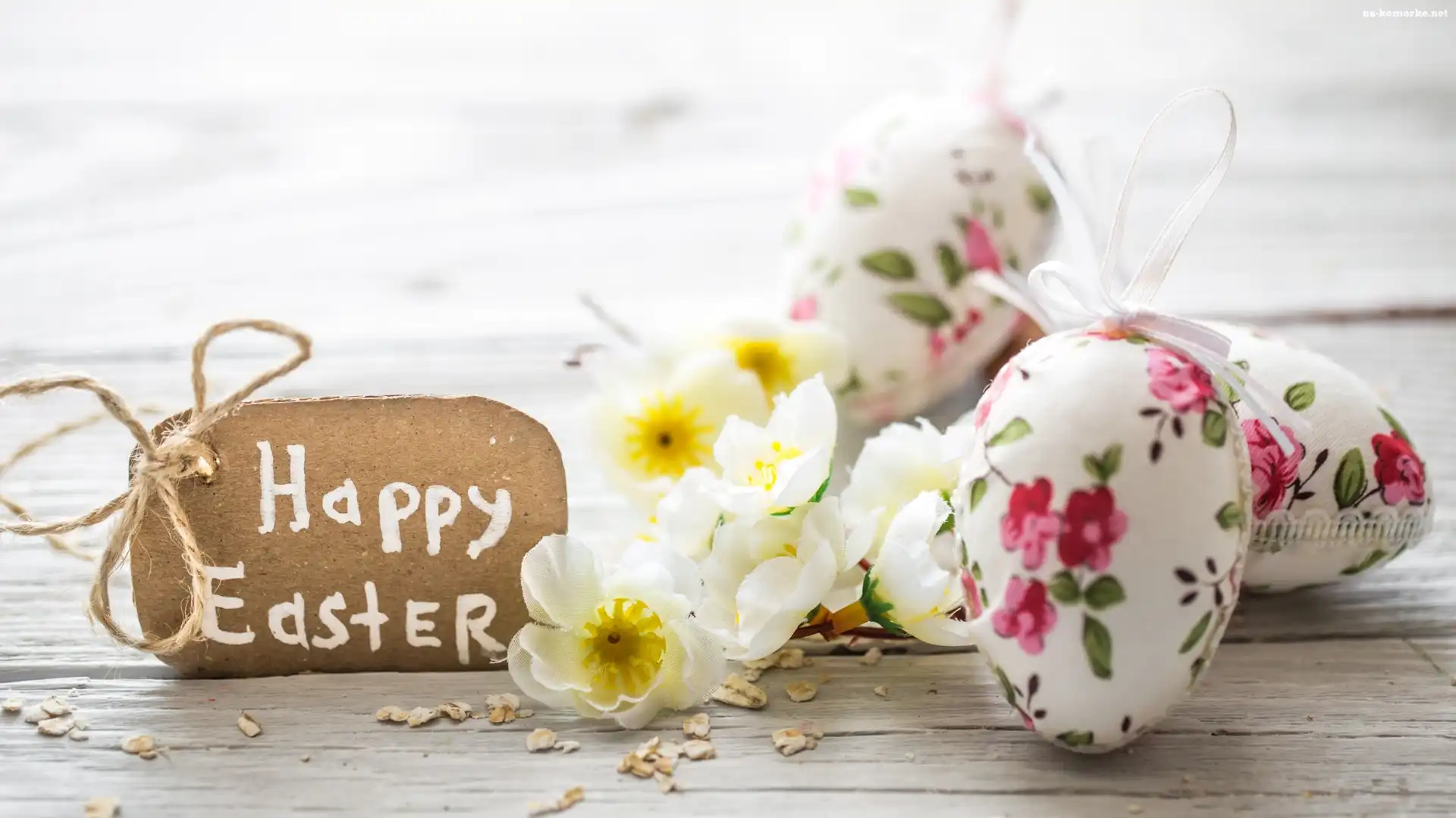 Wielkanoc, Napis, Białe, Happy Easter, Pisanki, Kwiatki, Deski, Tekturka