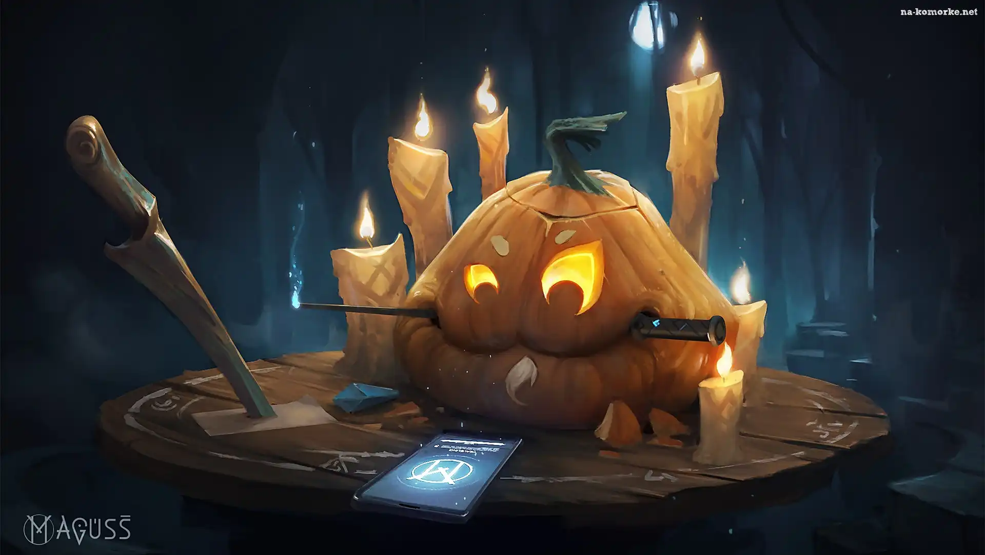 Telefon, Halloween, Dynia, Nóż, Świeczki