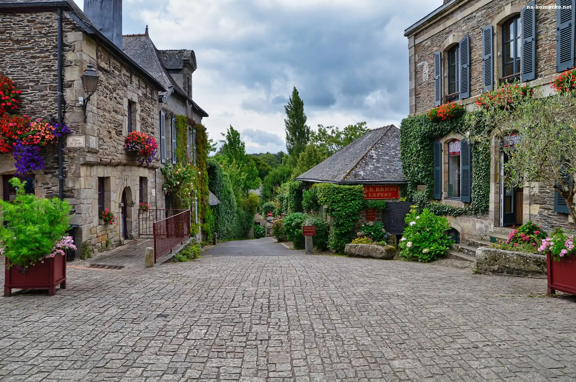 Kamienny, Bretania, Francja, Domy, Kwiaty, Uliczka, Rochefort en Terre