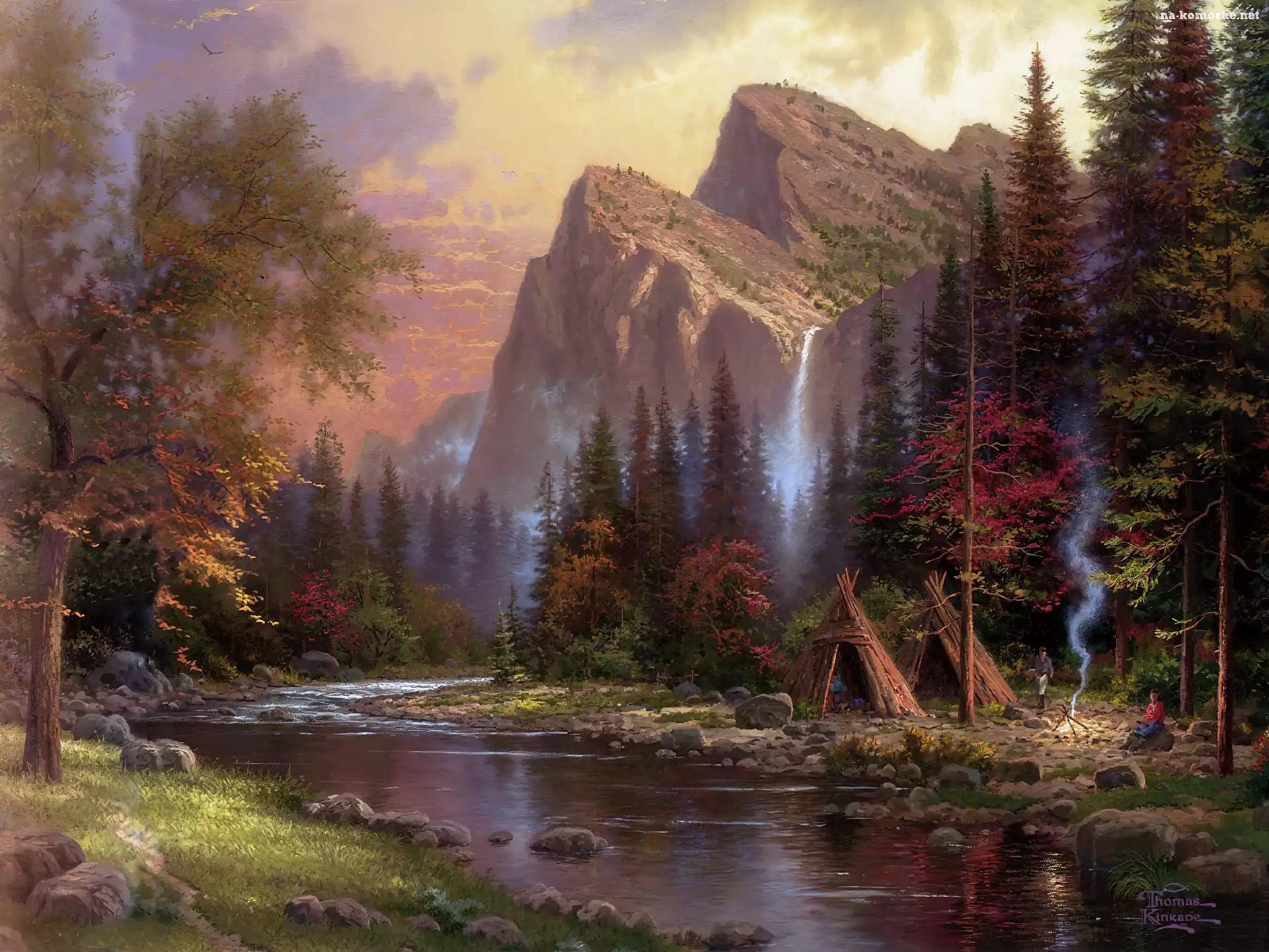 Thomas Kinkade, Góry, Rzeka, Las, Biwak