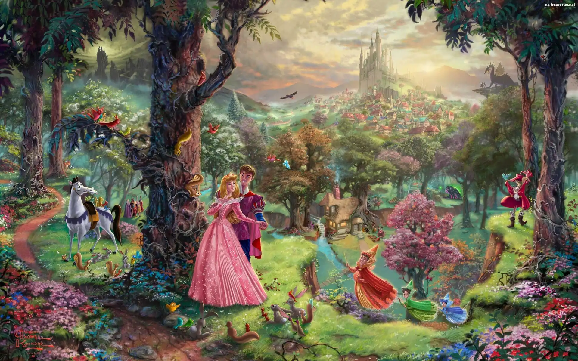 Las, Thomas Kinkade, Disney, Śpiąca Królewna, Wróżki