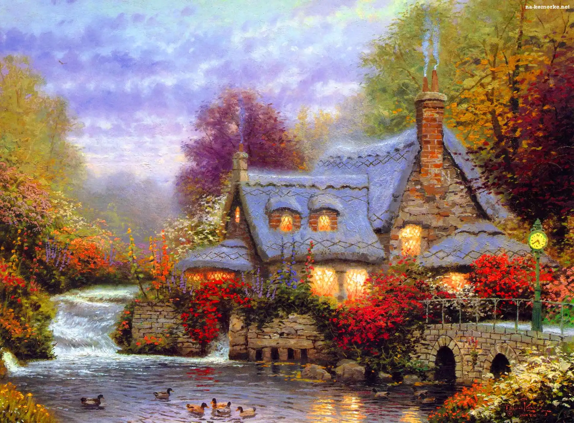 Thomas Kinkade, Dom, Rzeka, Most, Jesień