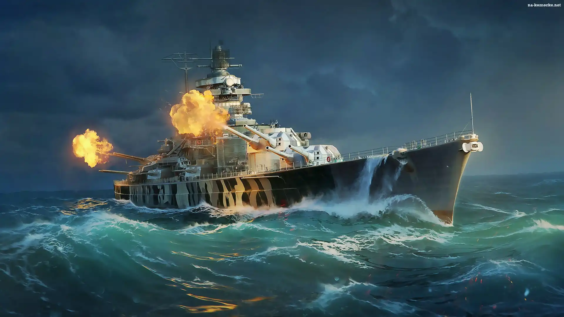 Salwa, Okręt, Pancernik, Tirpitz, Ogień, World of Warships, Gra, Działa, Ocean, Fale, Strzały