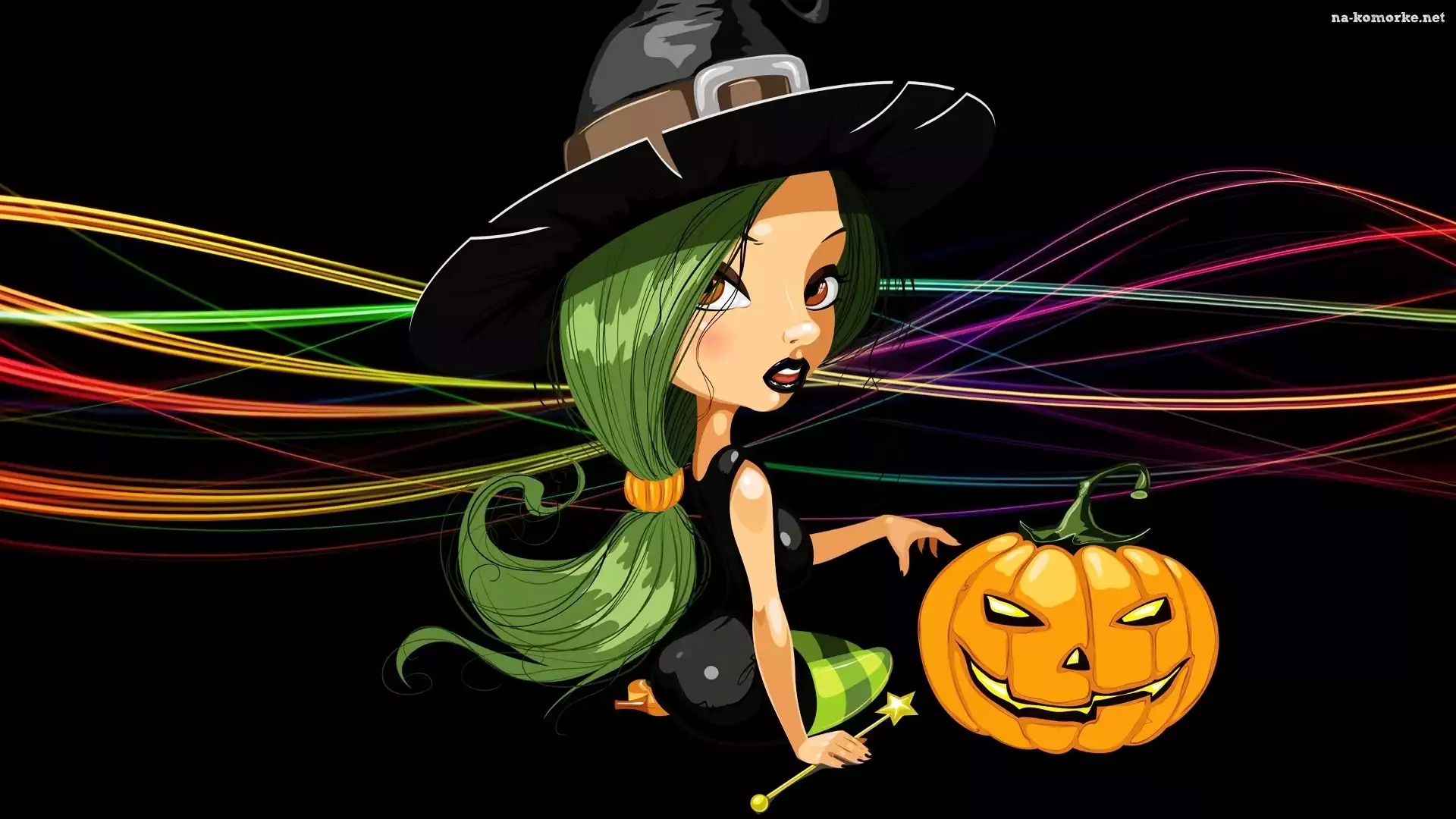 Czarne tło, Grafika 2D, Czarownica, Dynia, Halloween