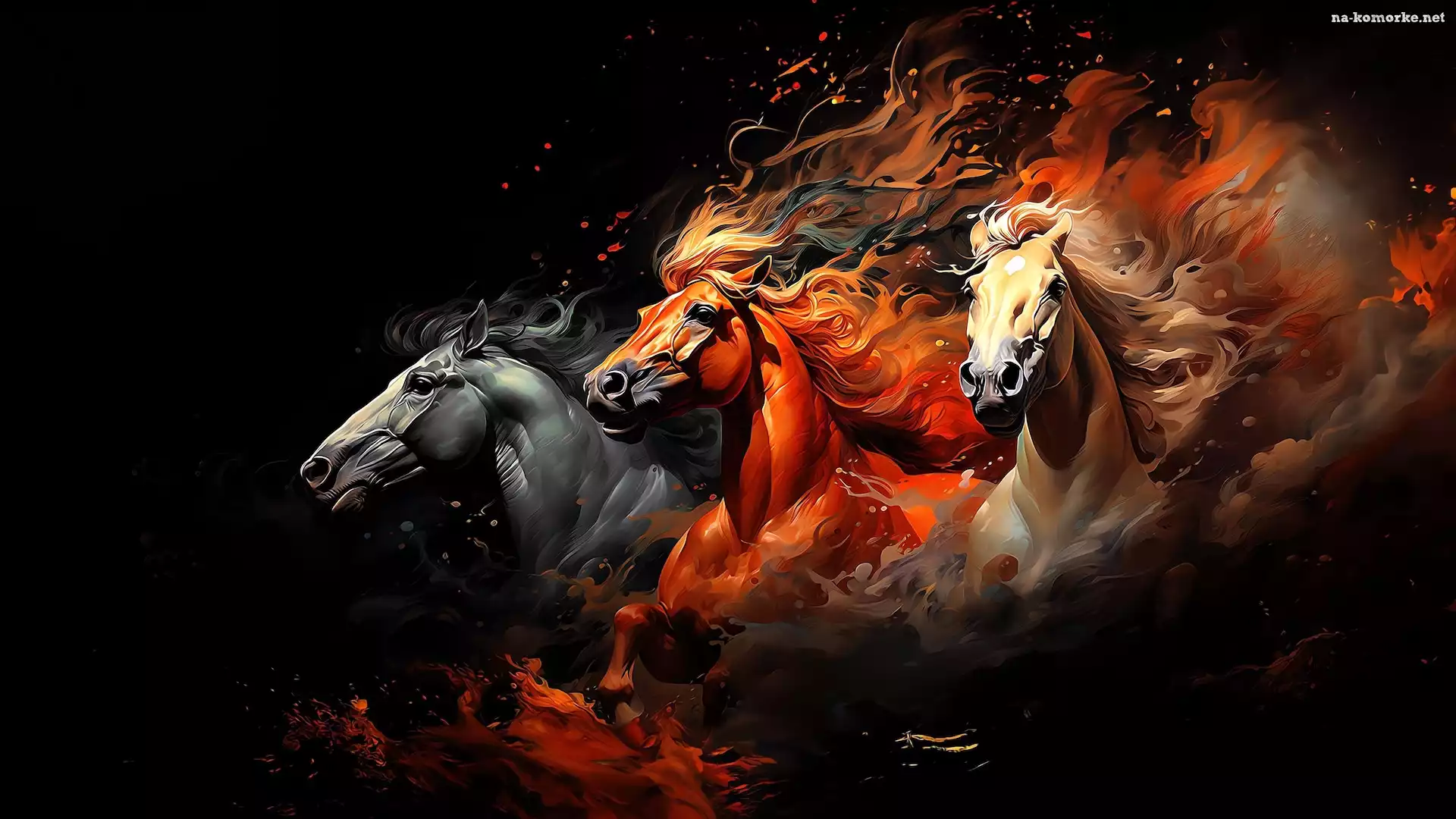Czarne, Grafika, Galop, Tło, Konie, Trzy