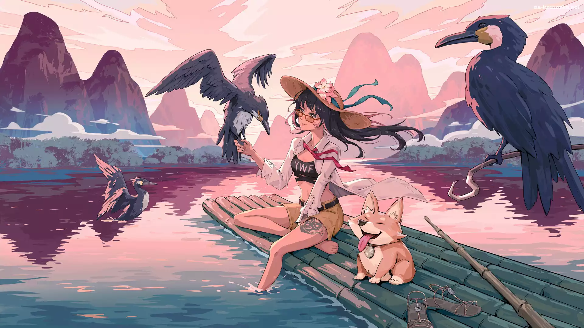 Tratwa, Zachód słońca, Ptaki, Kobieta, Góry, Anime, Jezioro, Dziewczyna