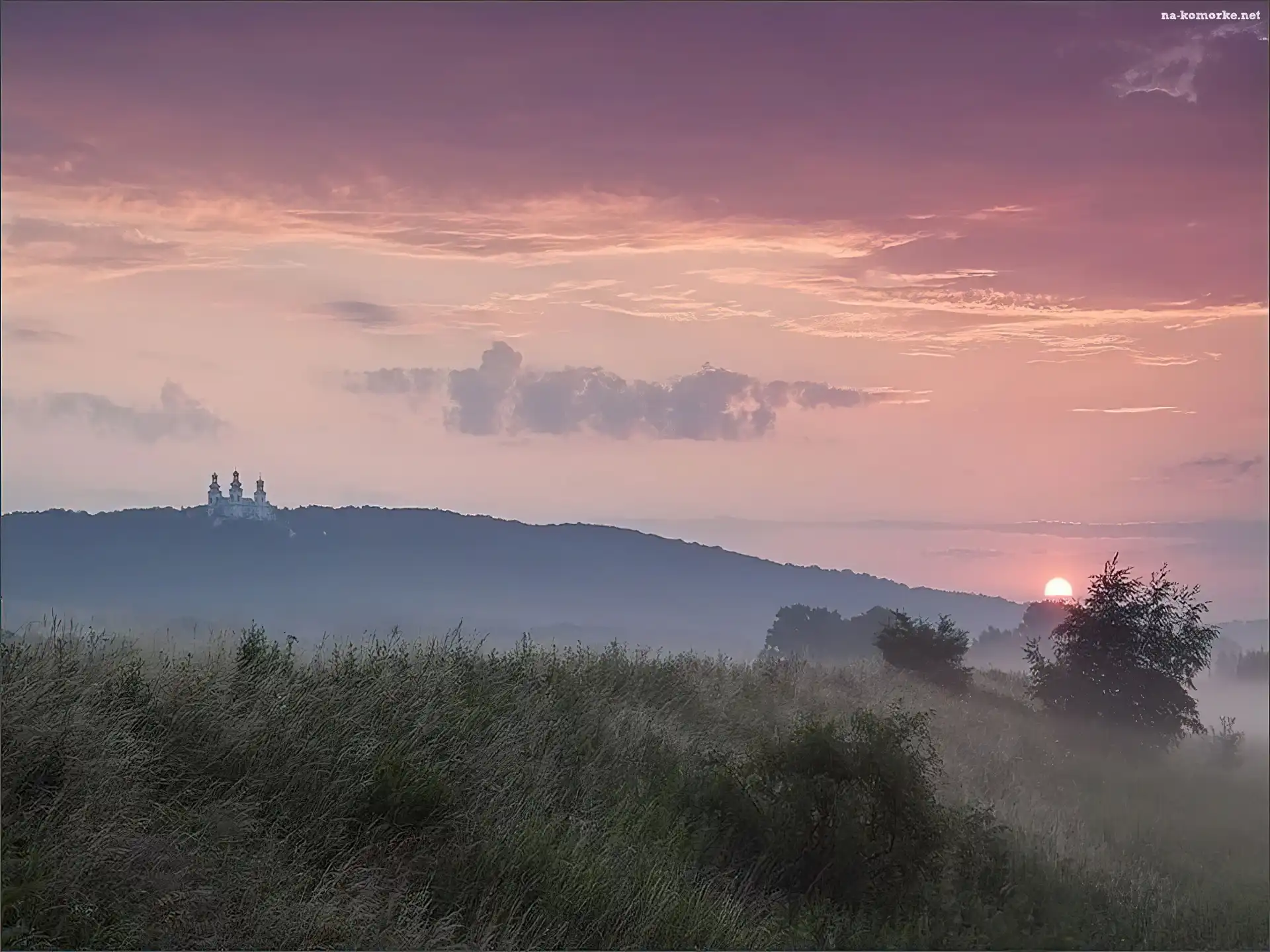 Trawa, Słońca, Zachód, Kościół, Mgła, Drzewa