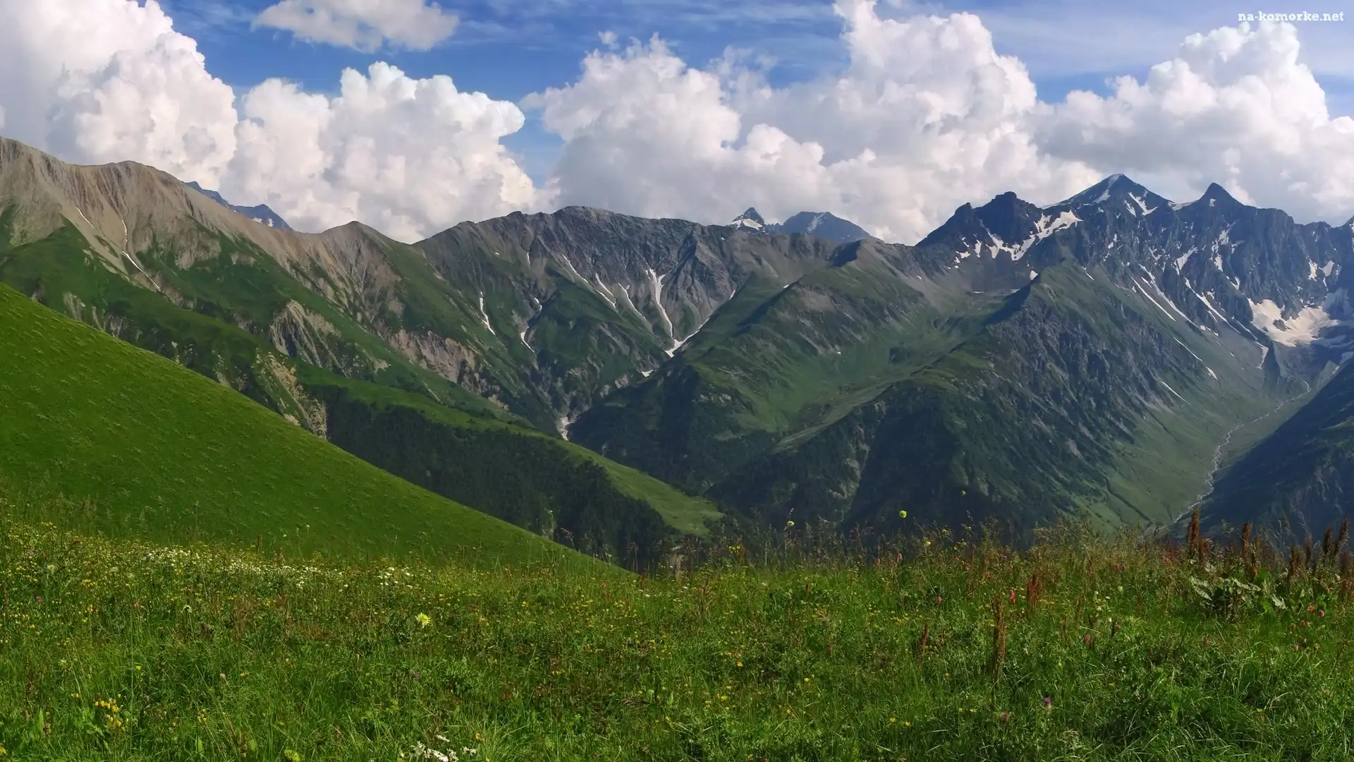 Trawa, Chmury, Góry, Śnieg, Łąka
