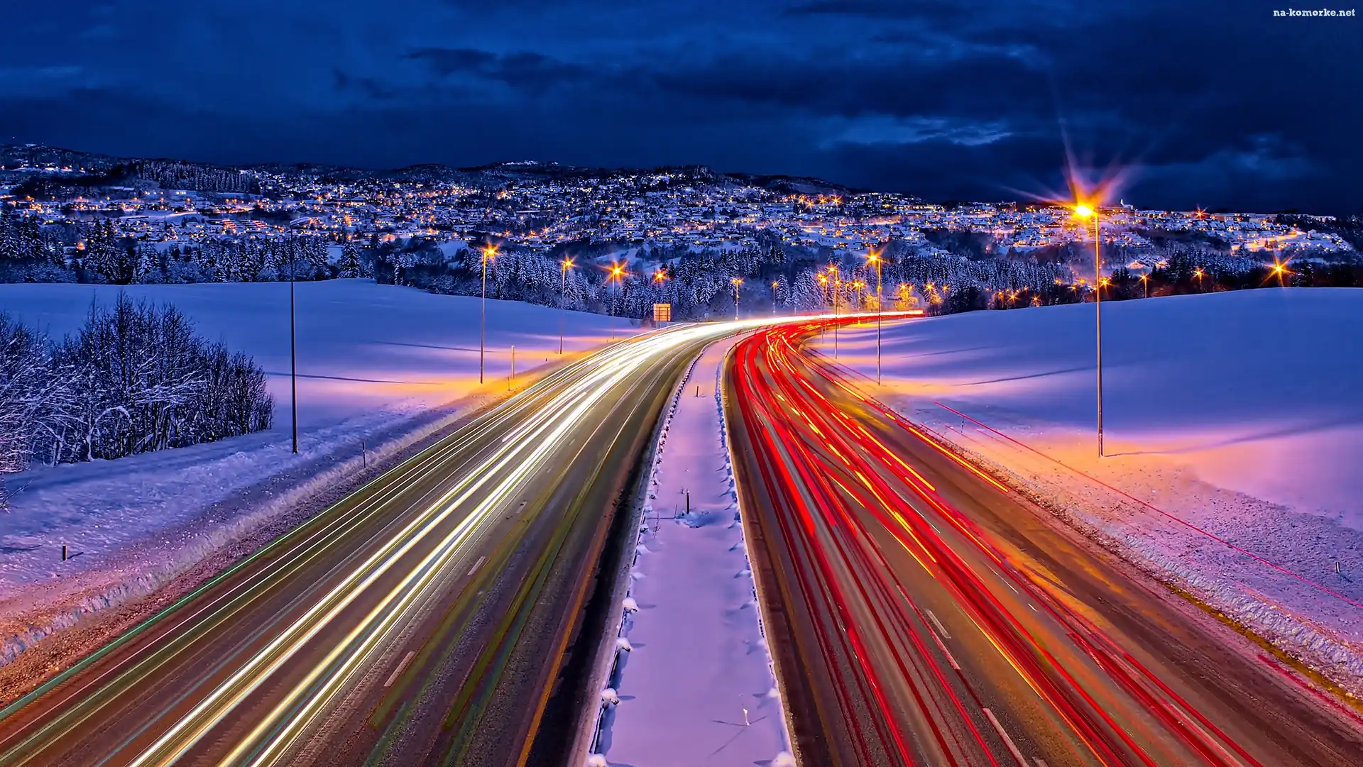 Trondheim, Droga, Zima, Norwegia, Panorama, NocÄ…