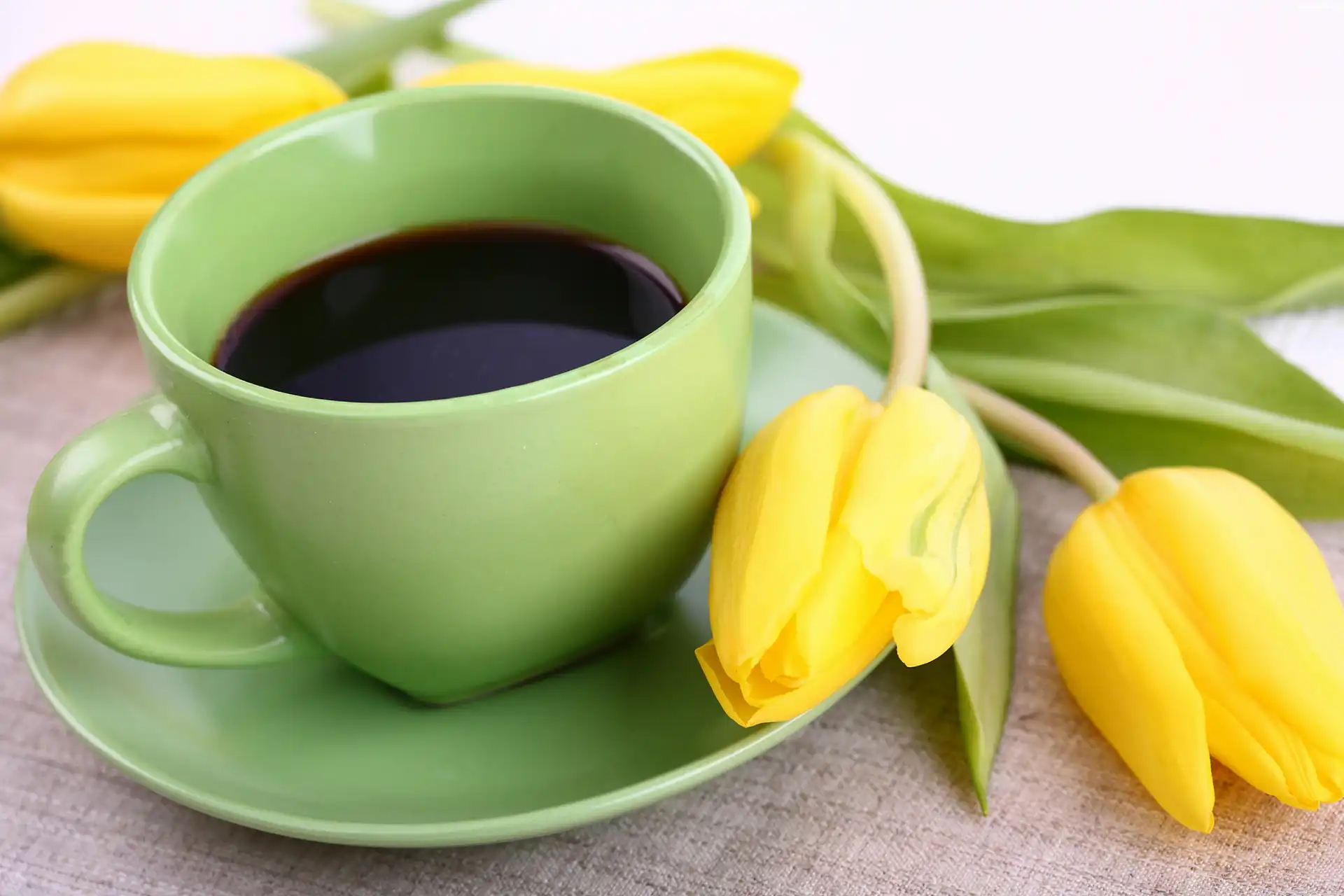 Tulipany, Zielona, Filiżanka, Kawa, Żółte