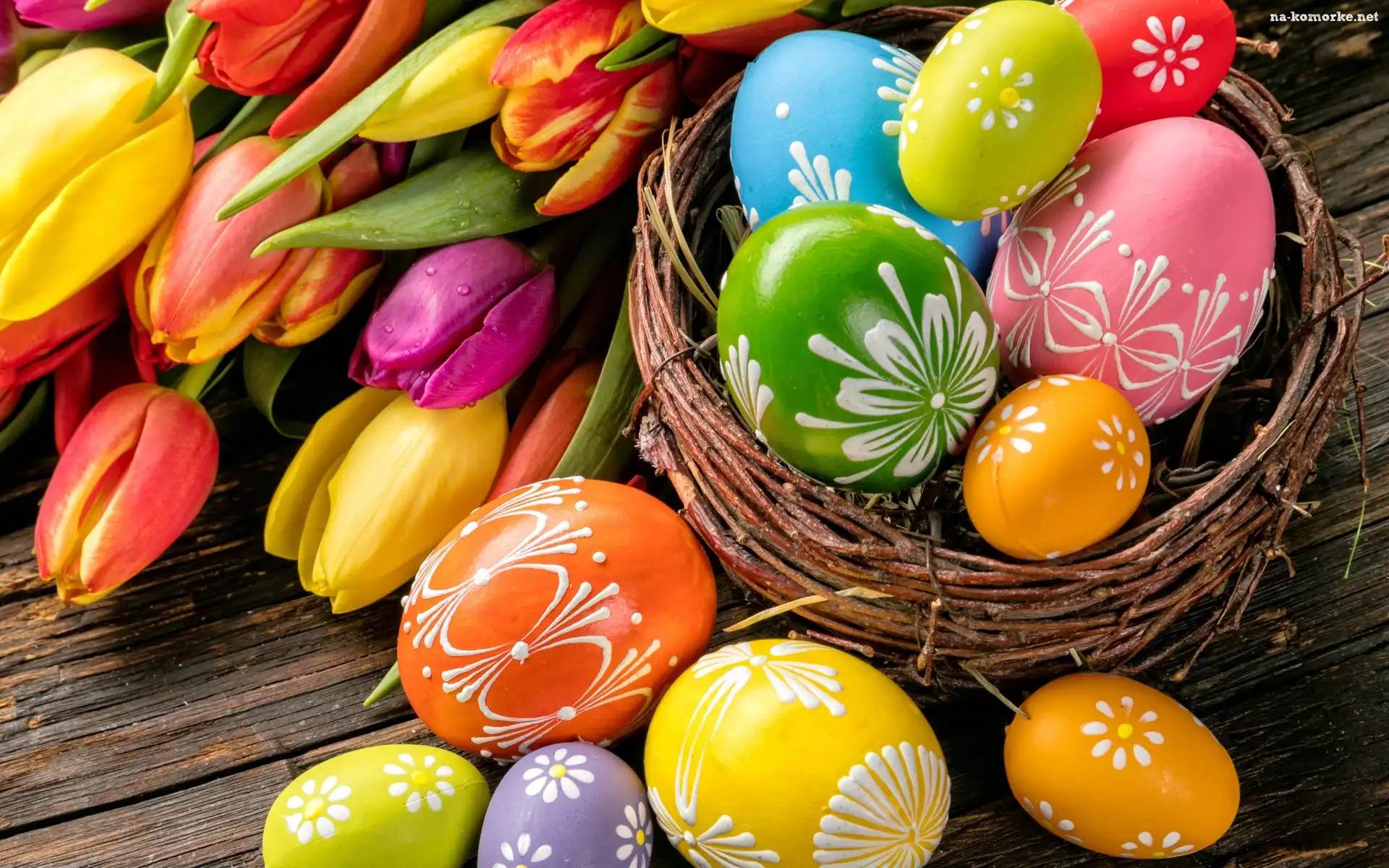 Tulipany, Kompozycja, Wielkanoc, Pisanki, Kwiaty, Koszyk