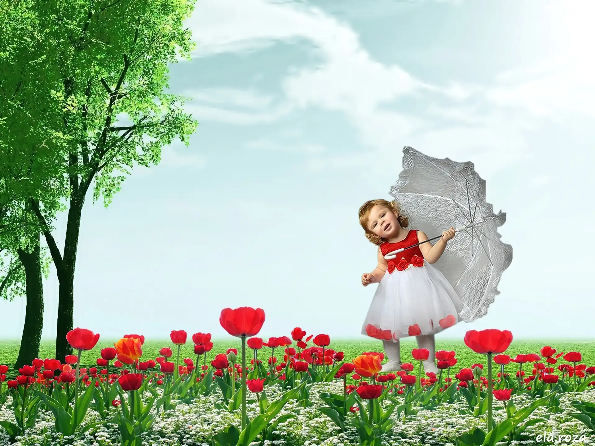 Łąka, Parasol, Tulipany, Dziewczynka