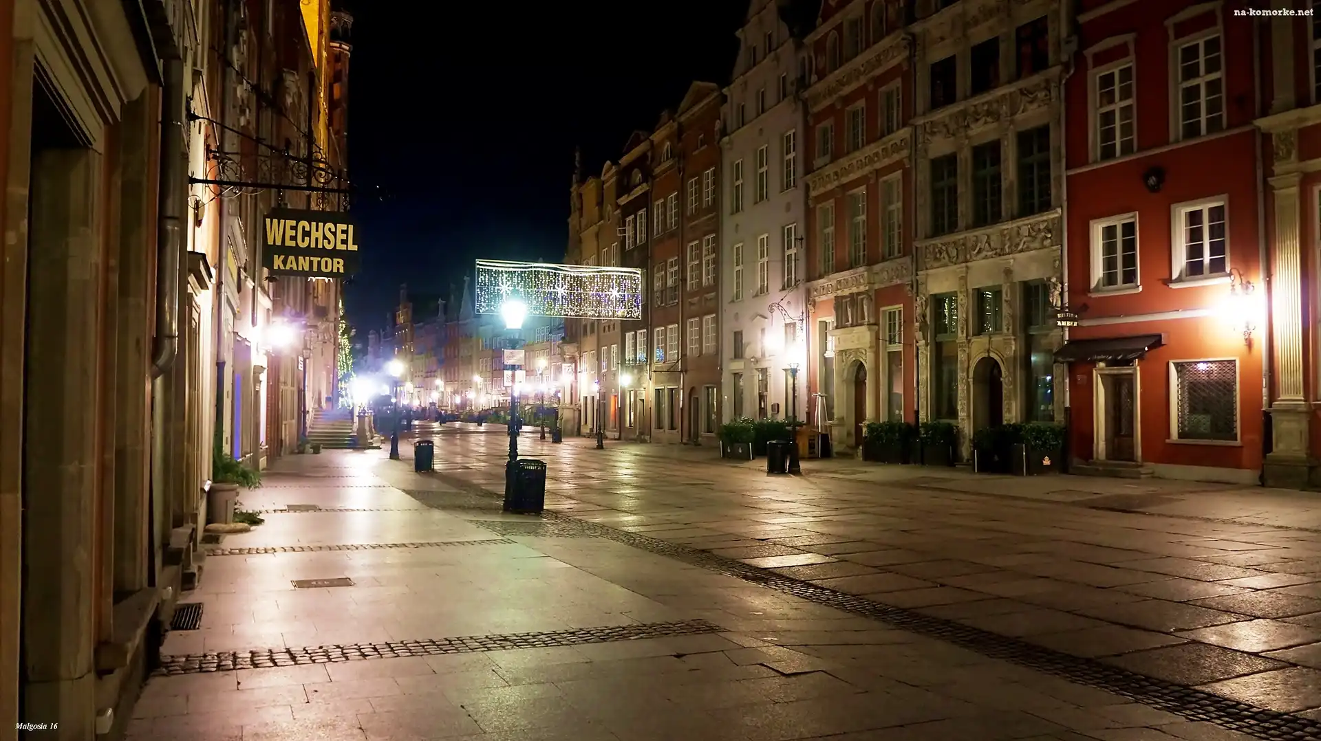 Ulica, Gdańsk, Miasto, Latarnie, Noc, Kamienice