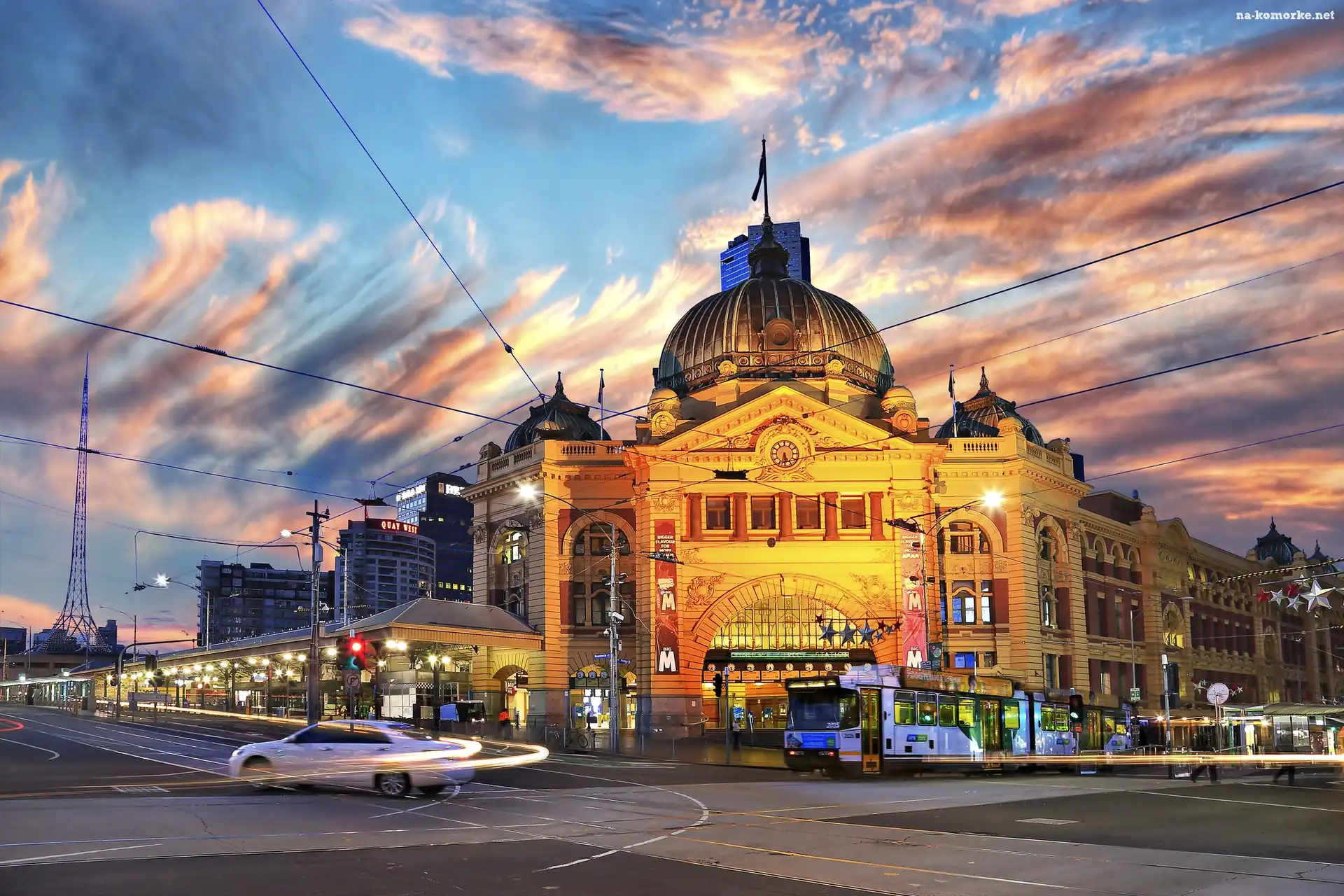 Australia, Tramwaj, Zmierzch, Melbourne, Stacja, Flinders Street Station, Ulica