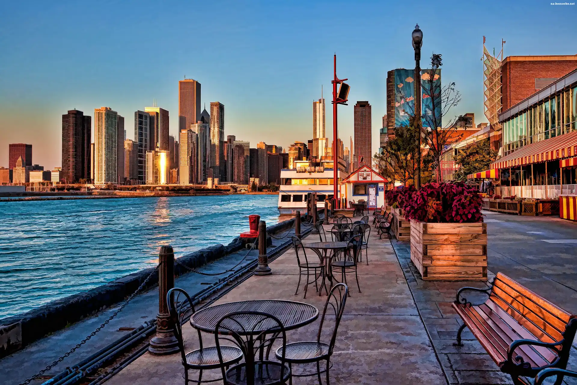USA, Wieżowce, Bulwar, Stoliki, Chicago