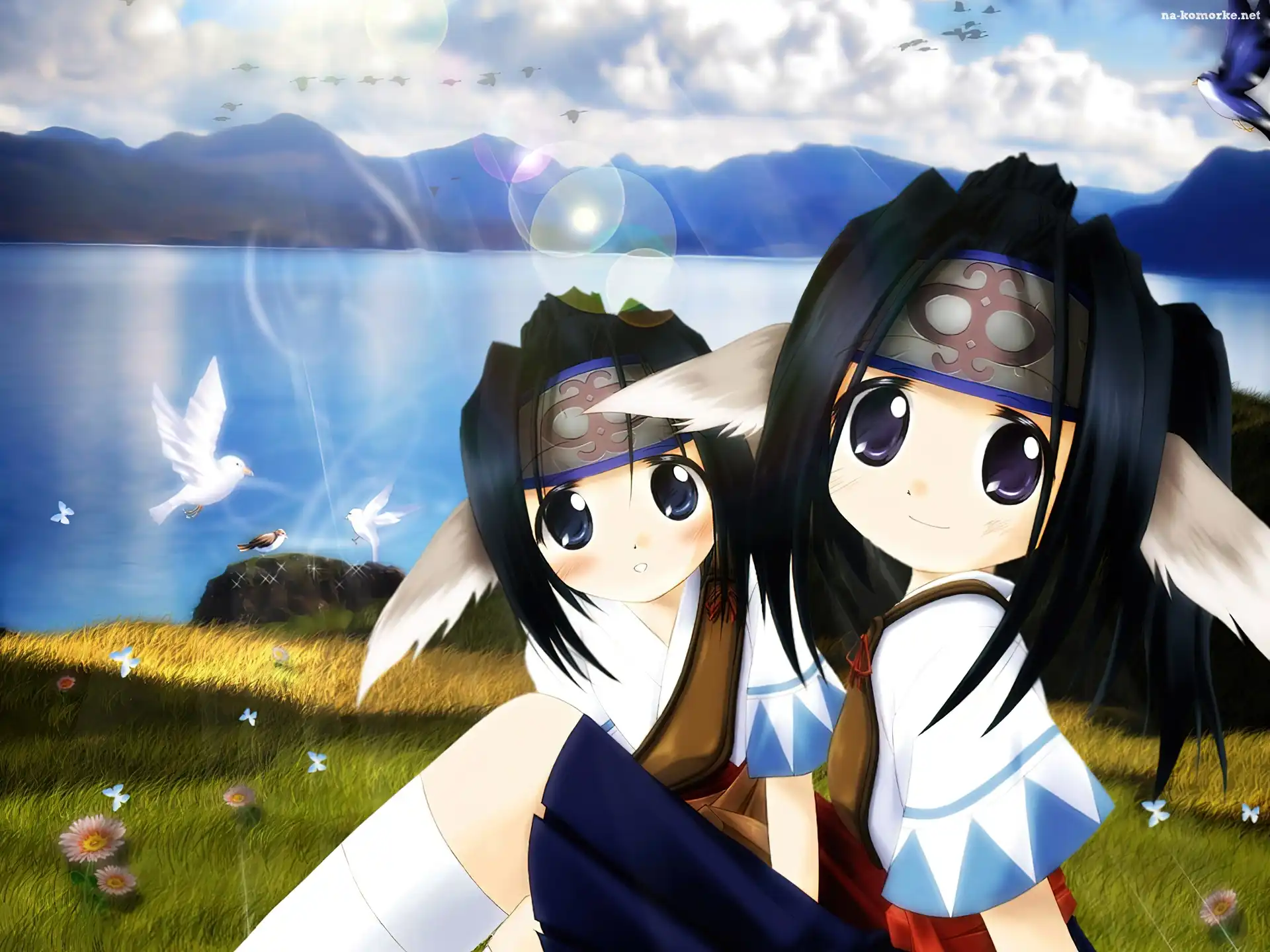 Utawarerumono, ptaki, dziewczynki, woda