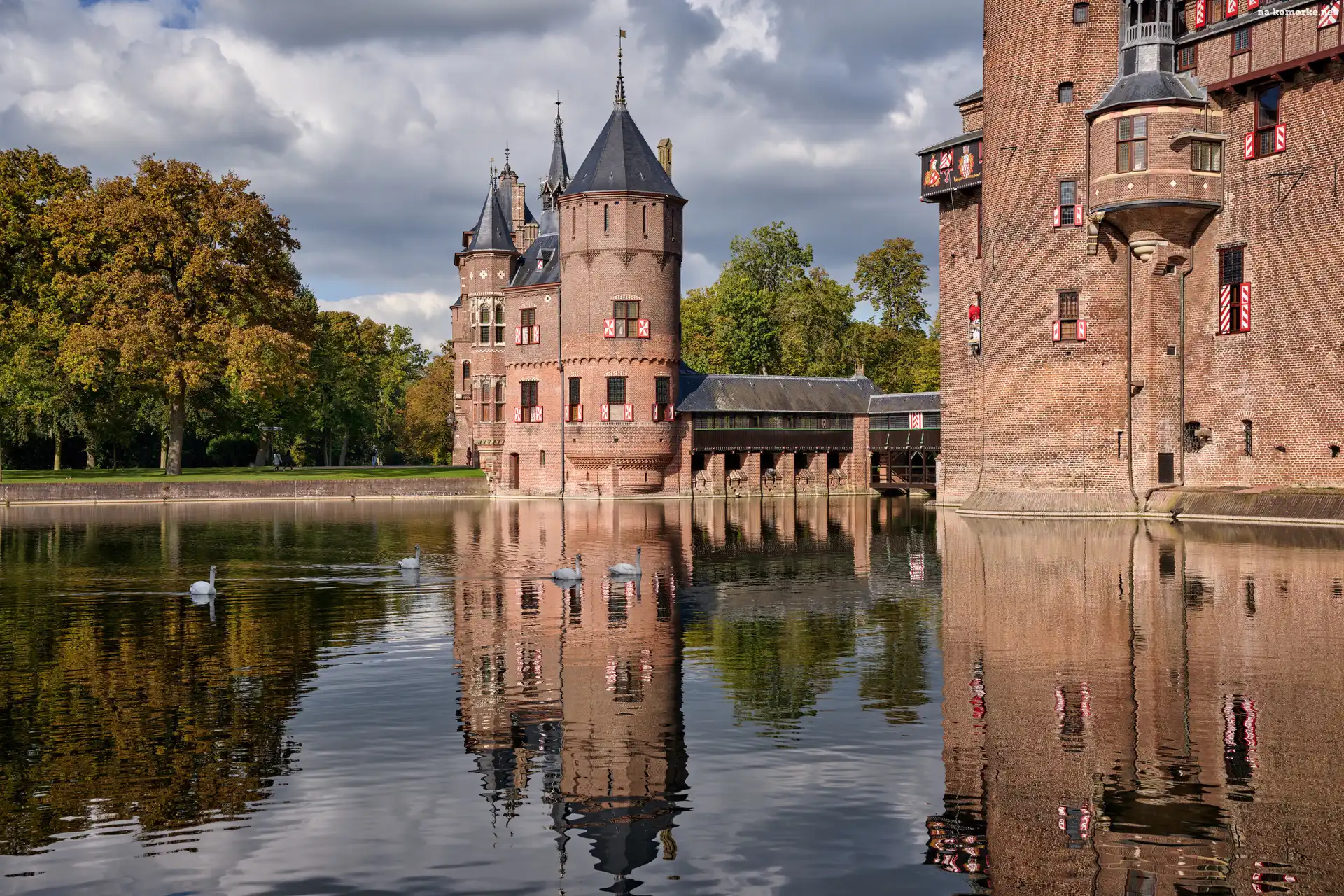 Odbicie, Holandia, Staw, Drzewa, Zamek De Haar, Utrecht