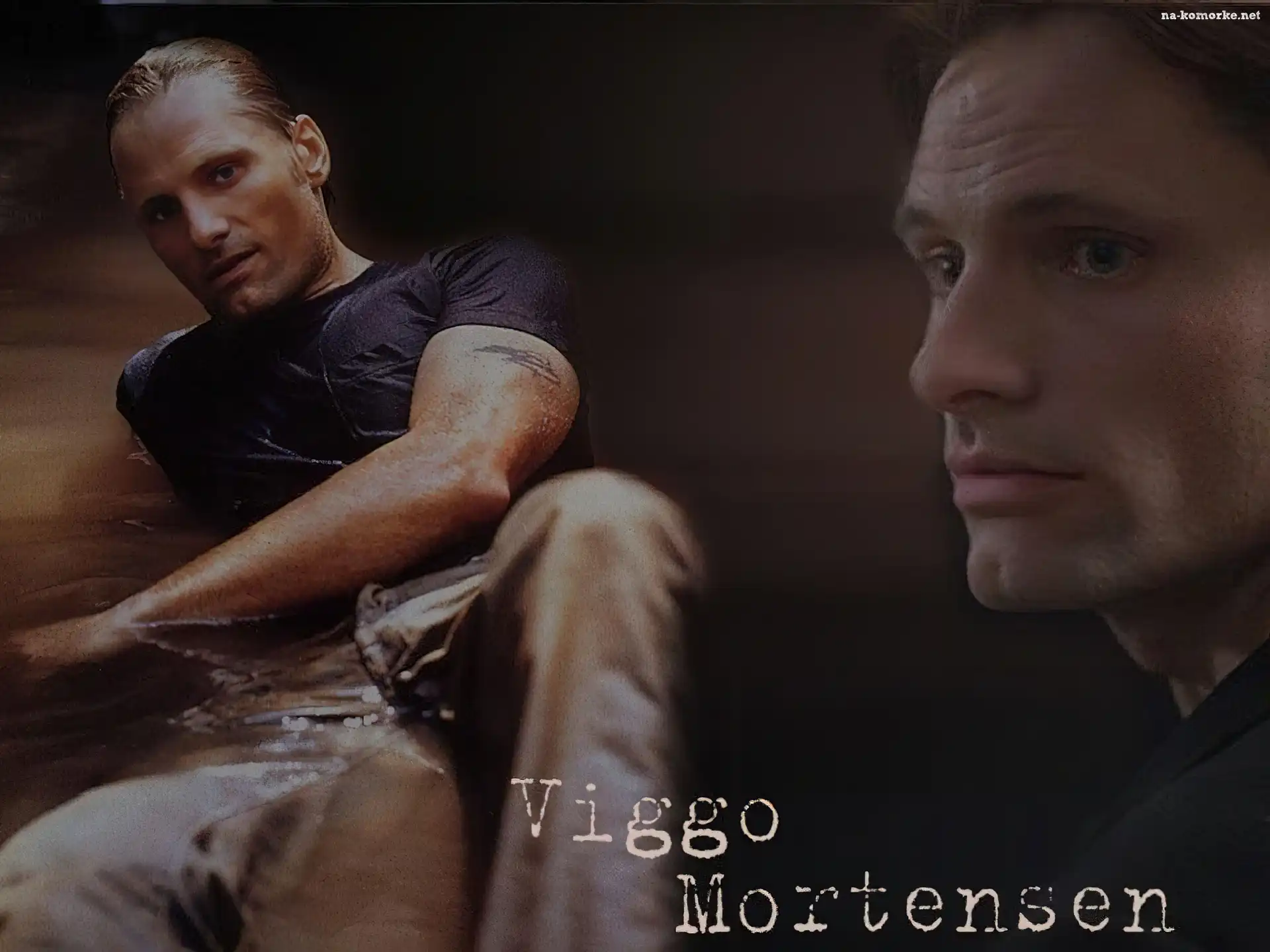 Viggo Mortensen, czarna koszulka, woda