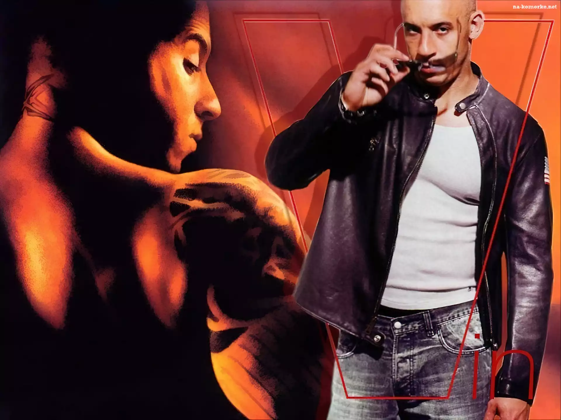 Vin Diesel, czarna kurtka, tatuaż