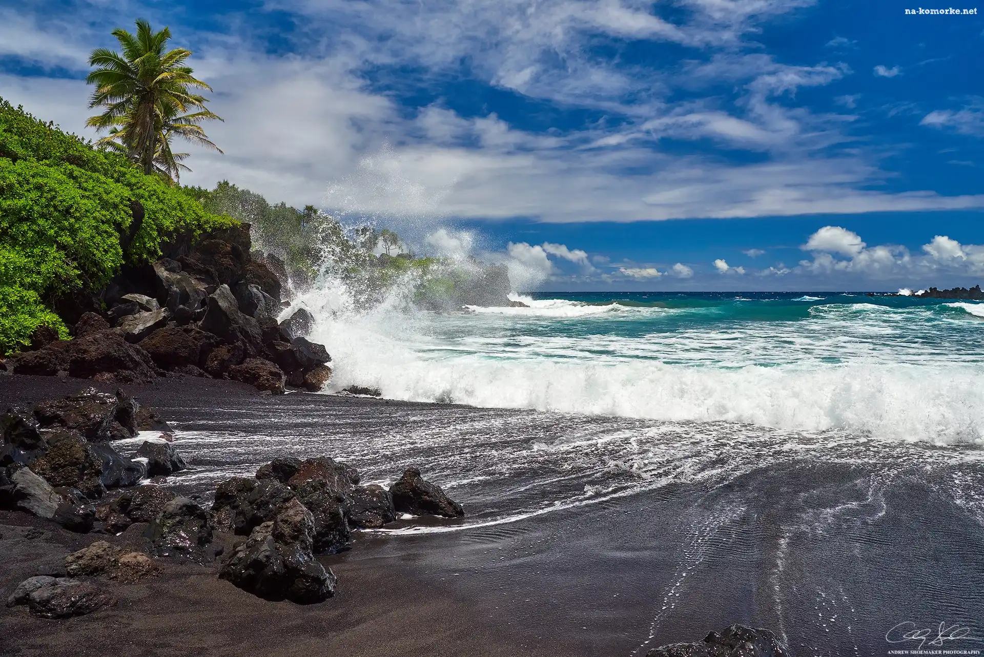 Hawaje, Chmury, Waianapanapa State Park, Kamienie, Wyspa Maui, Morze, Fale, Palmy