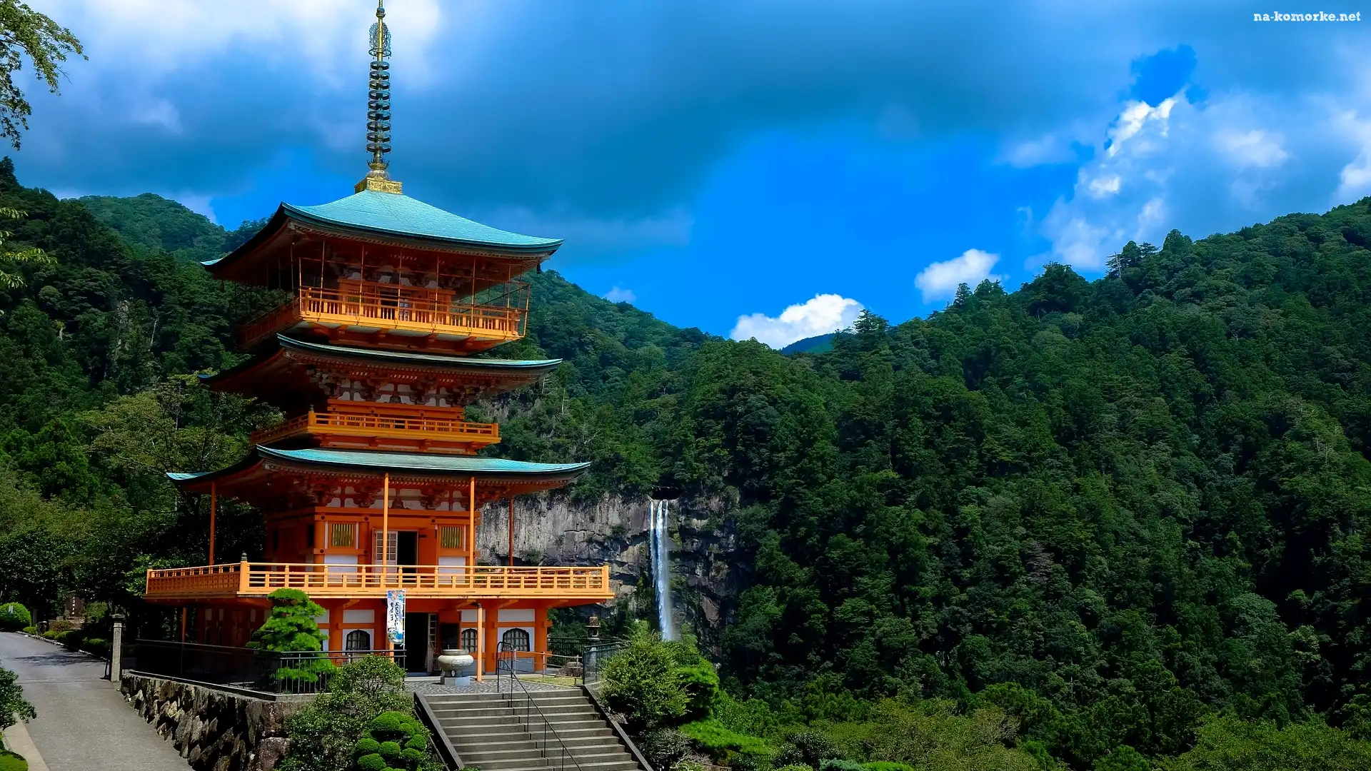Świątynia, Miejscowość Wakayama, Drzewa, Japonia, Kumano Nachi Taisha, Las, Wzgórza, Wodospad Nachi