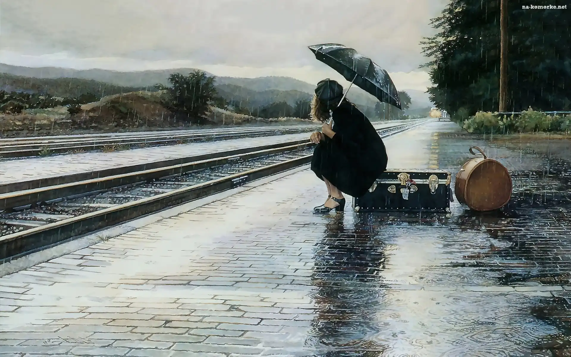 Walizka, Dziewczyna, Peron, Parasol, Bagaże, Deszcz
