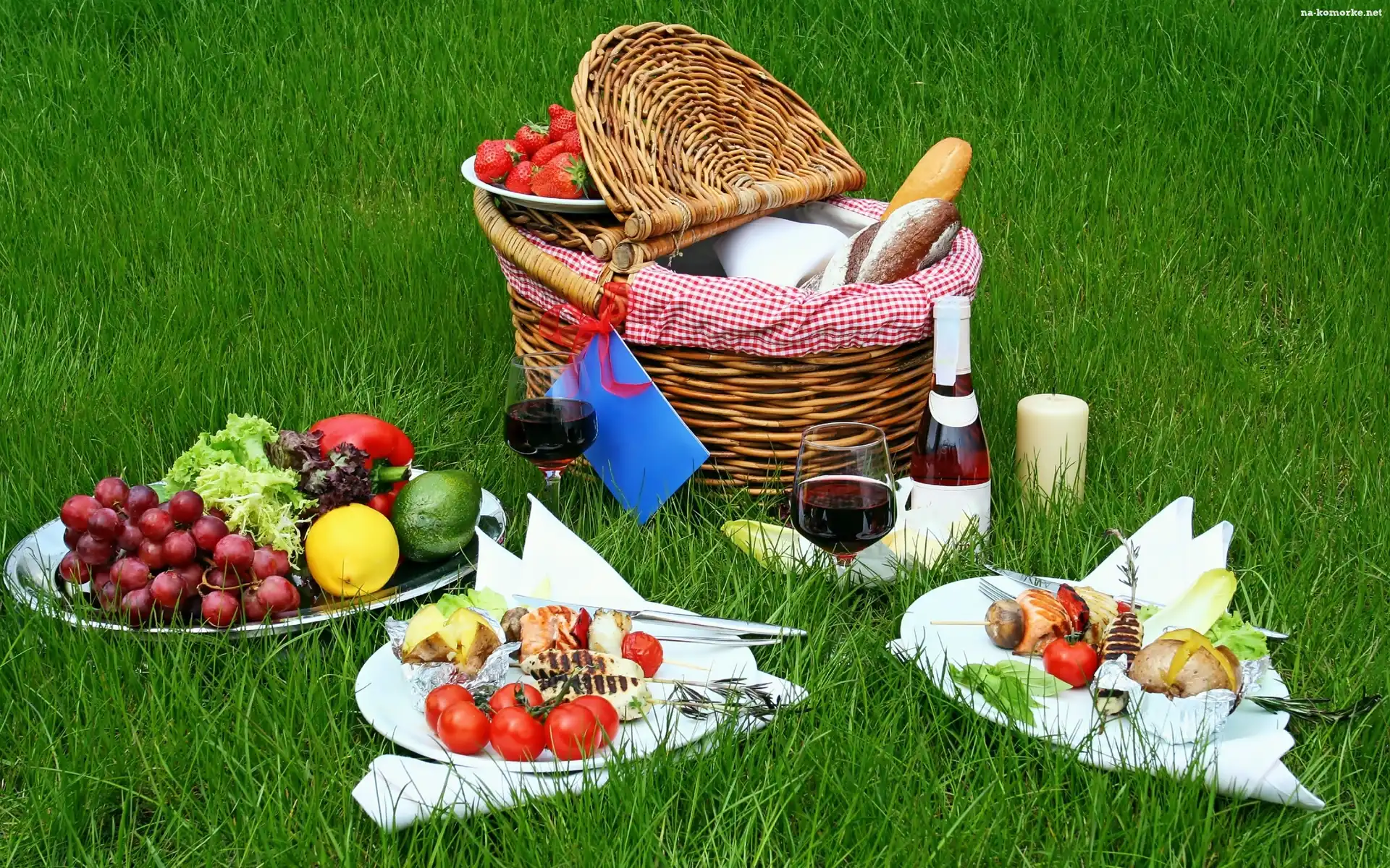 Warzywa, Łąka, Koszyk, Piknik, Wino, Owoce