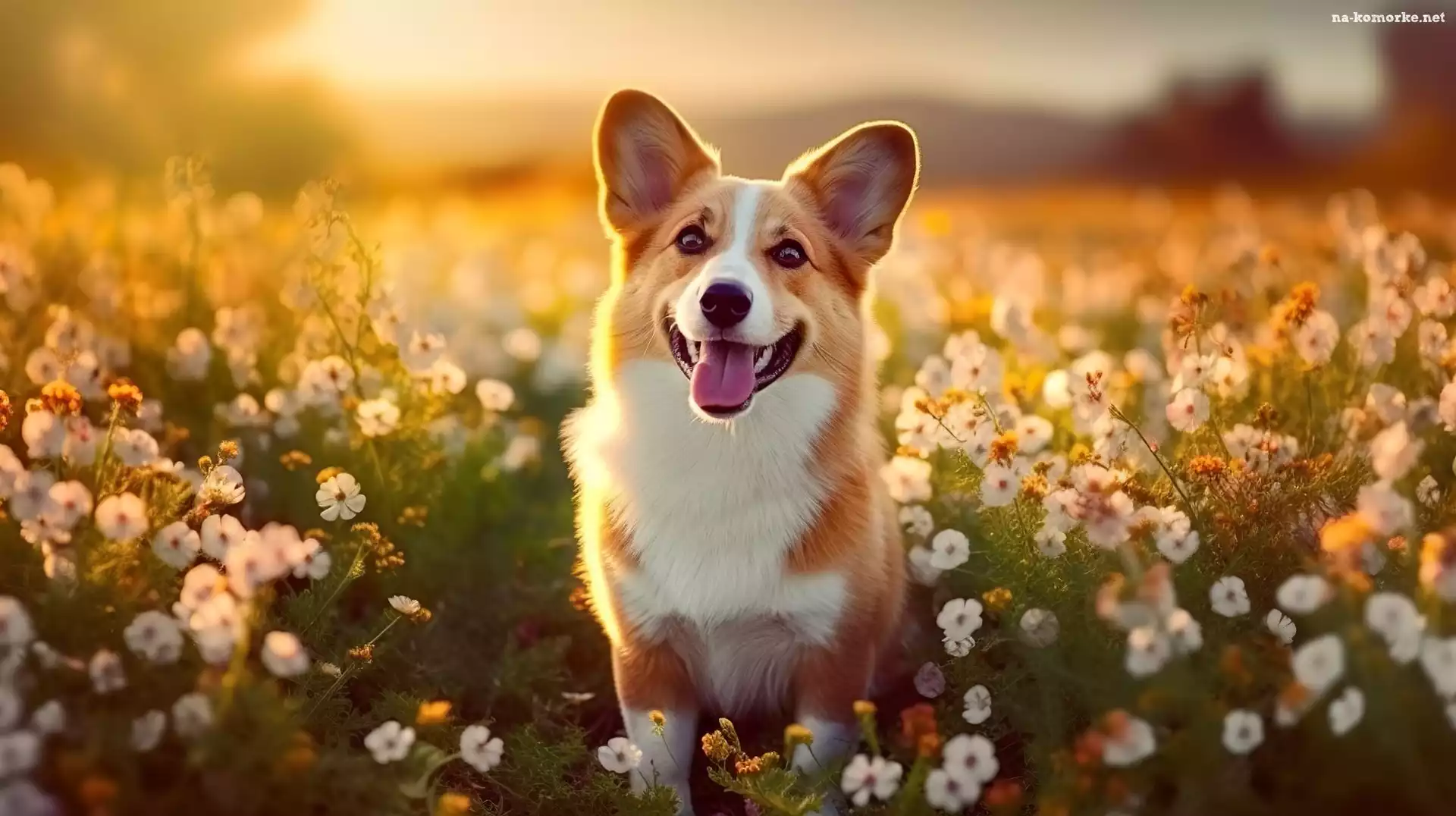 Pies, Spojrzenie, Kwiaty, Welsh corgi pembroke, Łąka