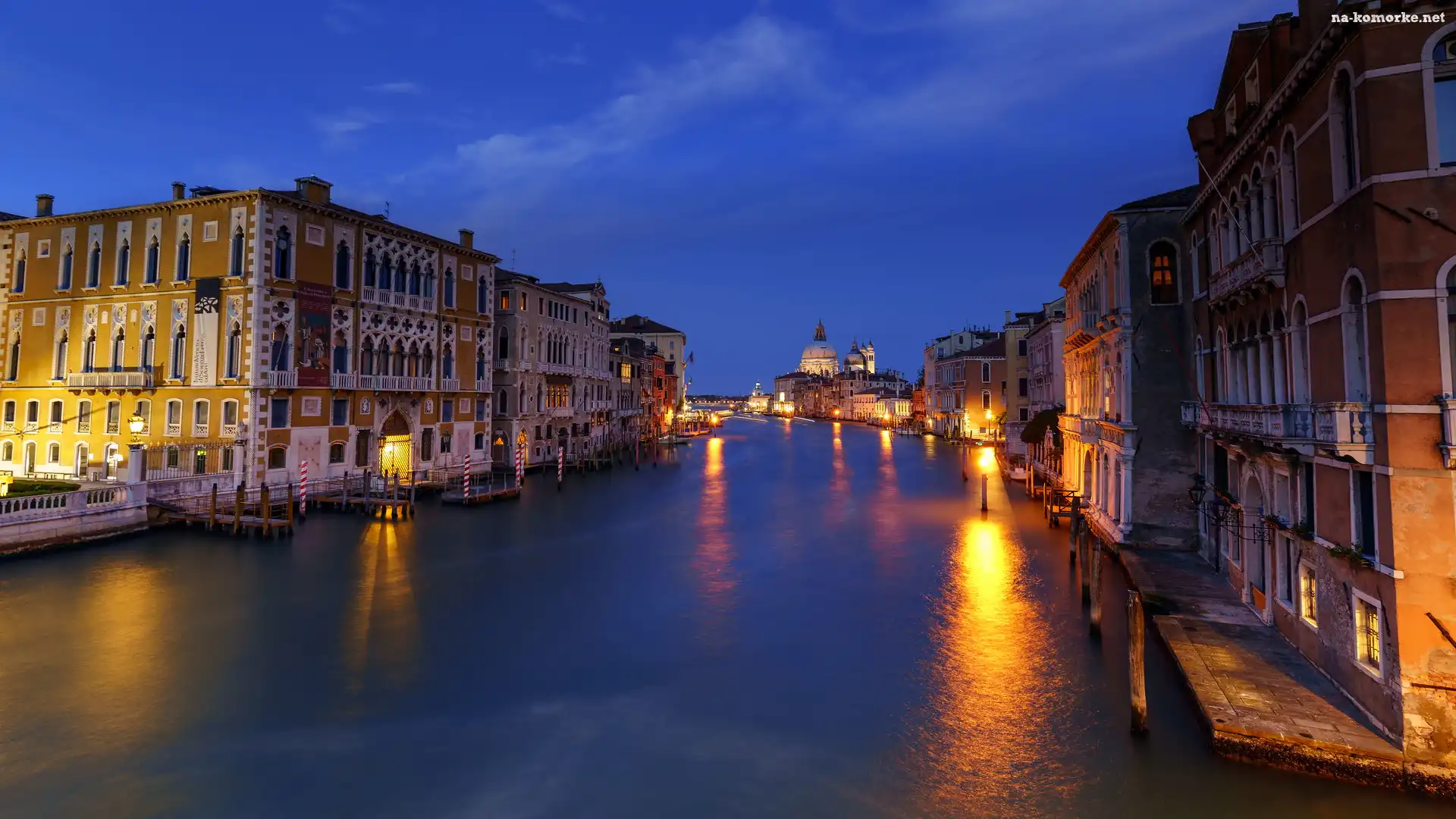 Kanał, Wenecja, Włochy, Canal Grande, Noc, Oświetlone, Domy