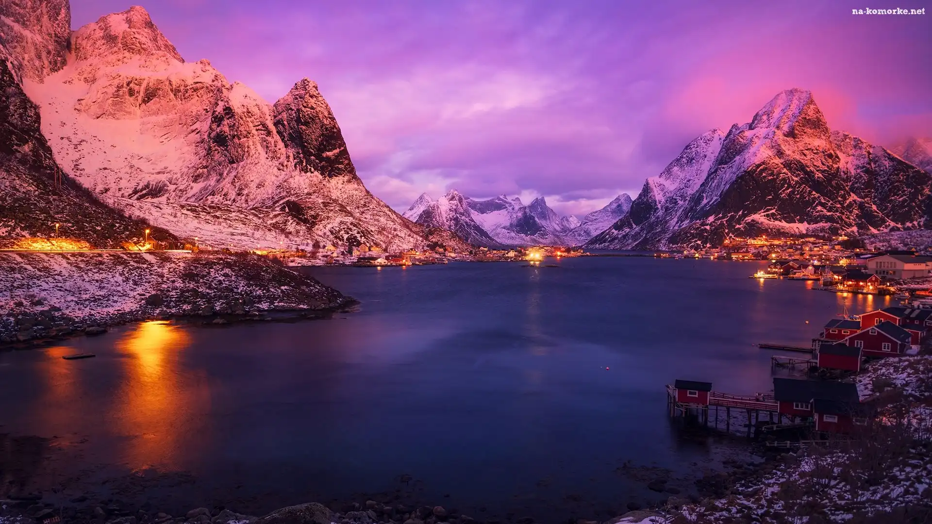 Norwegia, Wioska Reine, Góry, Zima, Lofoty, Morze Norweskie, Domy, Świała