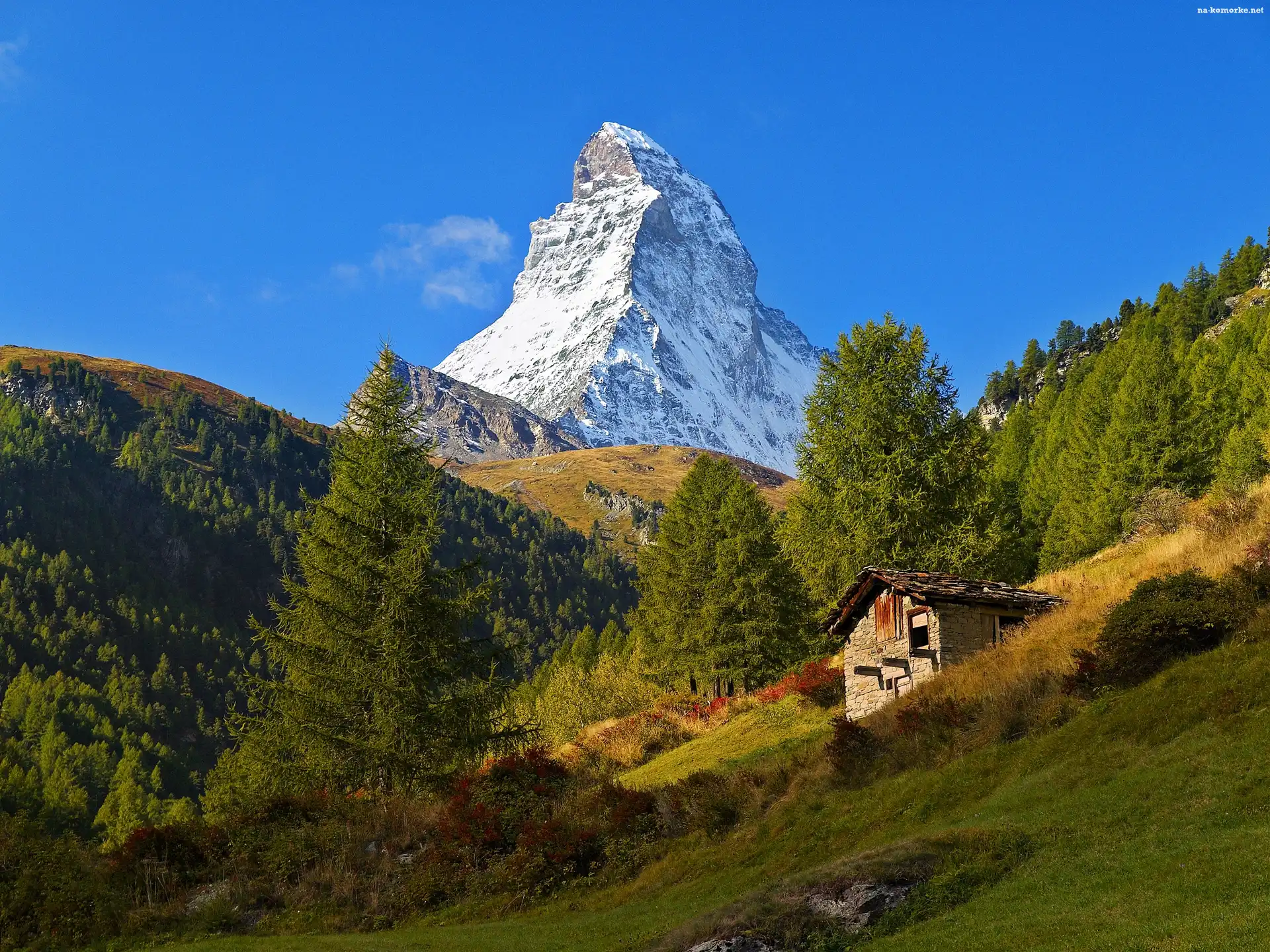 Góry, Światło, Matterhorn, Cień, Szczyt, Las, Łąka, Szopa