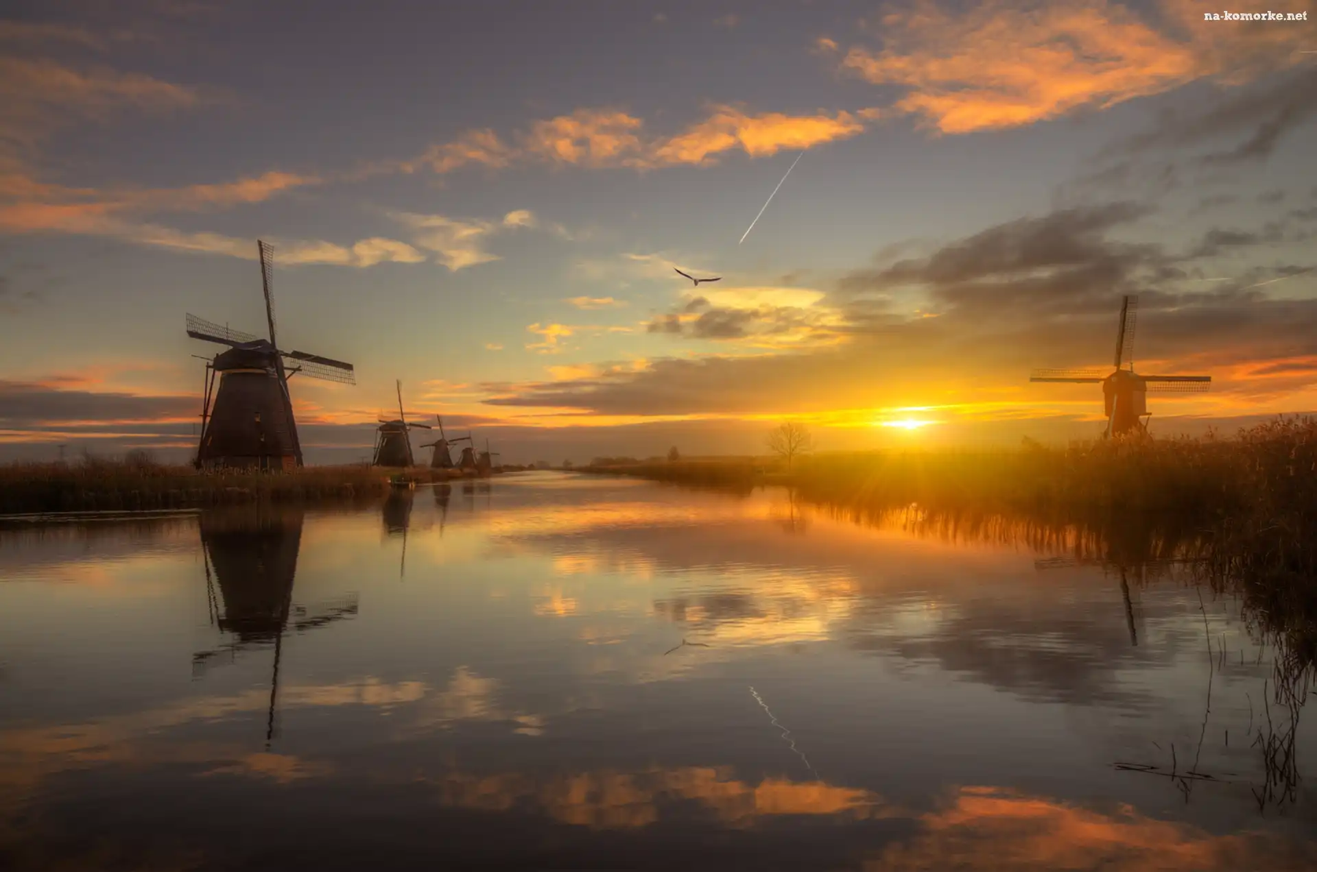Chmury, Wiatraki, Rzeka, Holandia, Wschód słońca, Wieś Kinderdijk