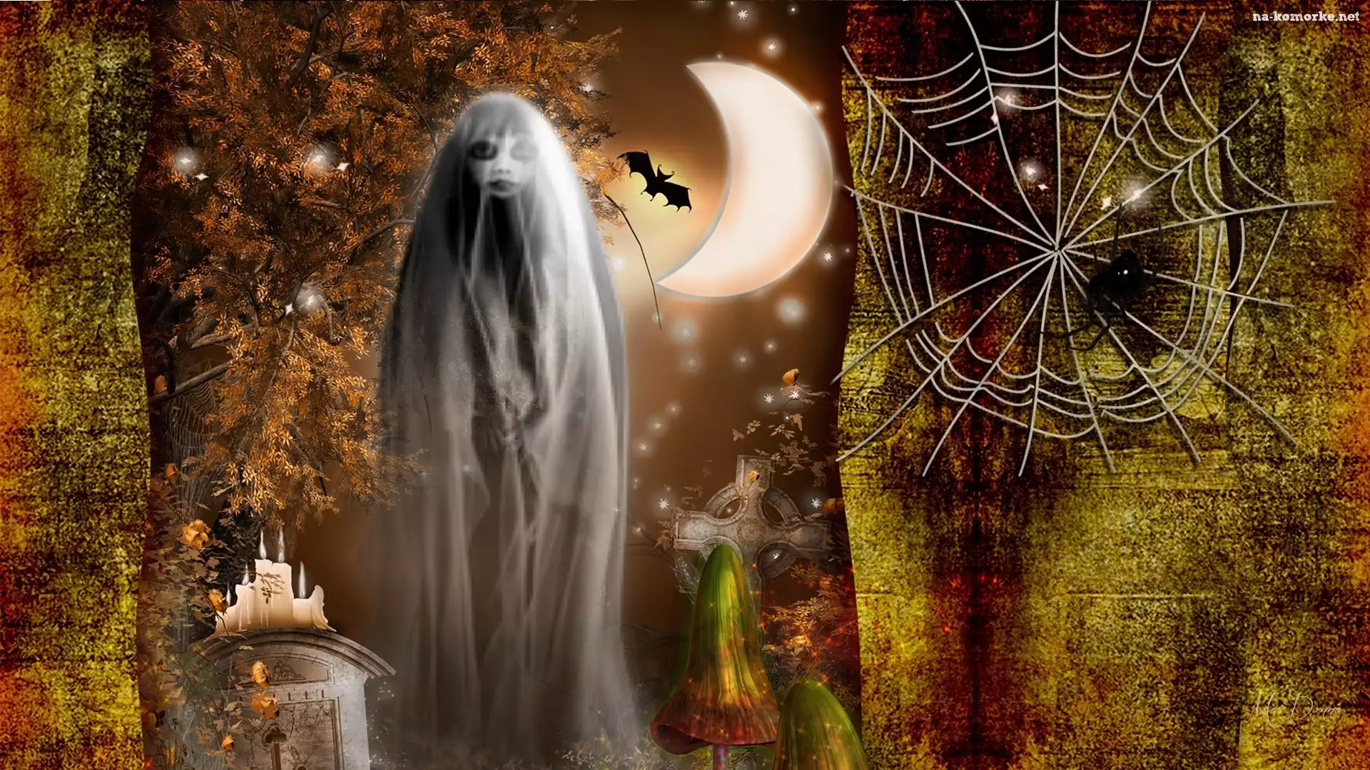 Halloween, Świece, Nietoperz, Duch, Pajęczyna, Księżyc, Nagrobek