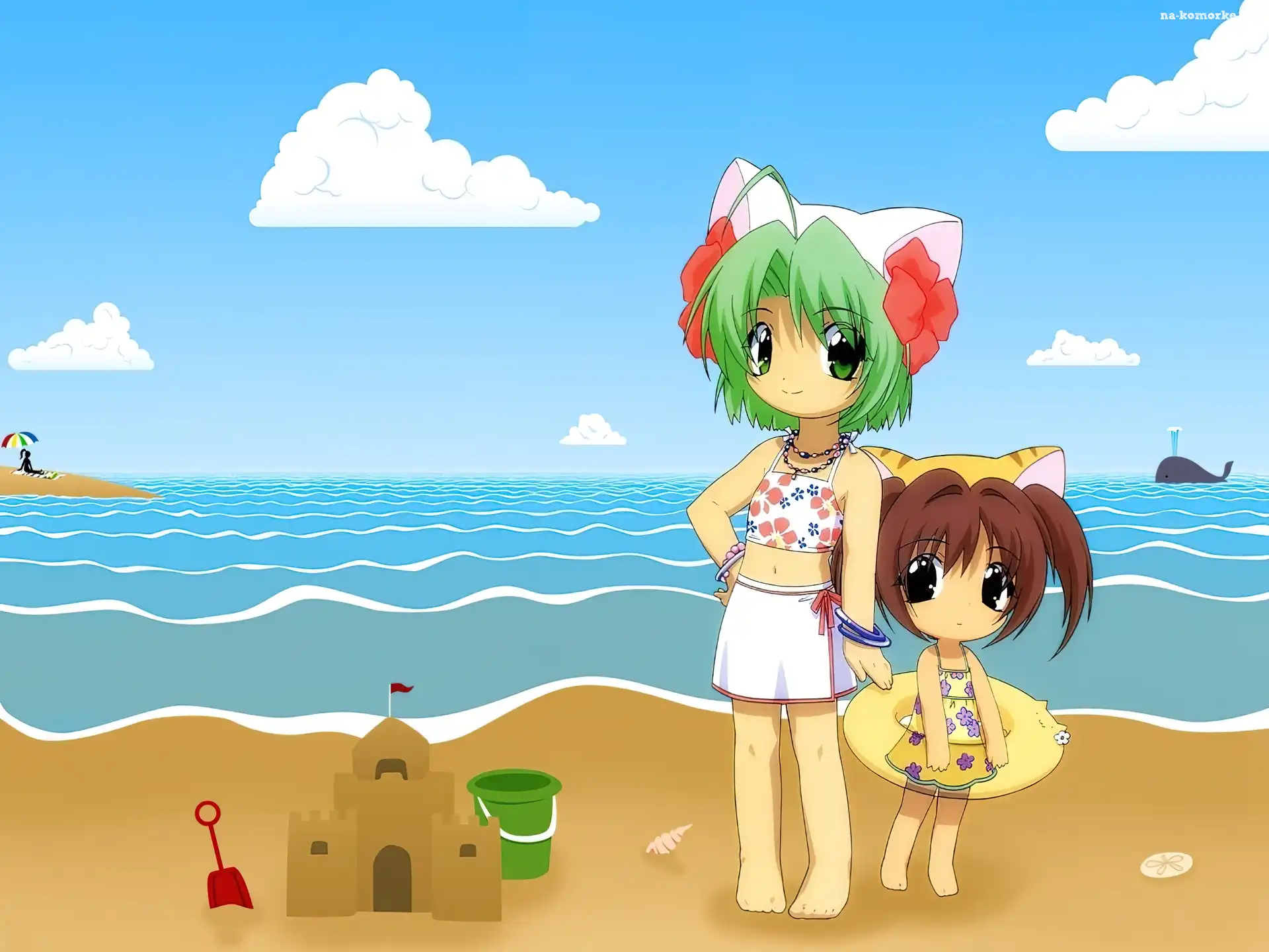 wieloryb, Digi Charat, morze, plaża, dziewczynki