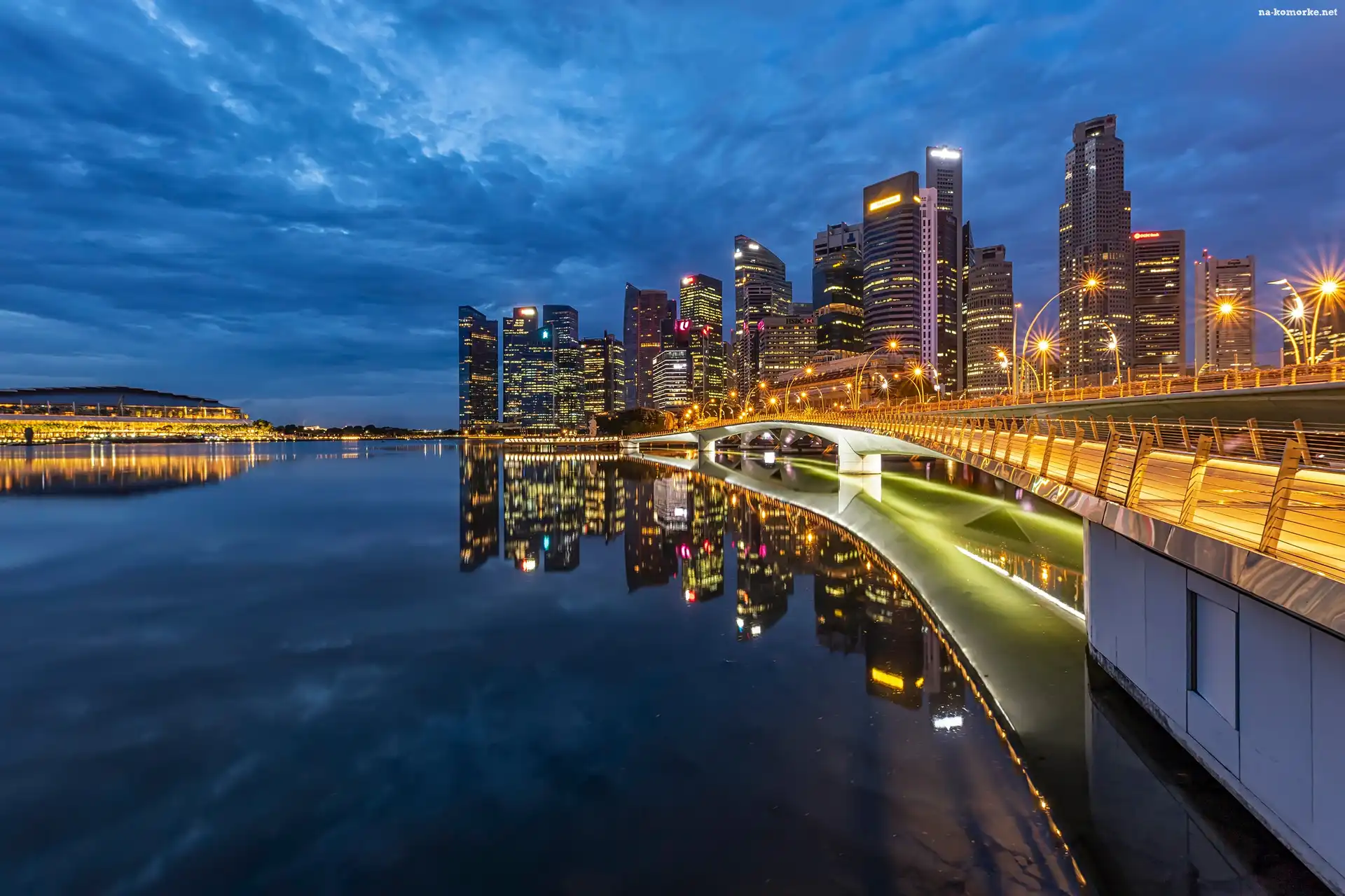 Most, Wieżowce, Singapur, Miasto nocą, Światła, Zatoka