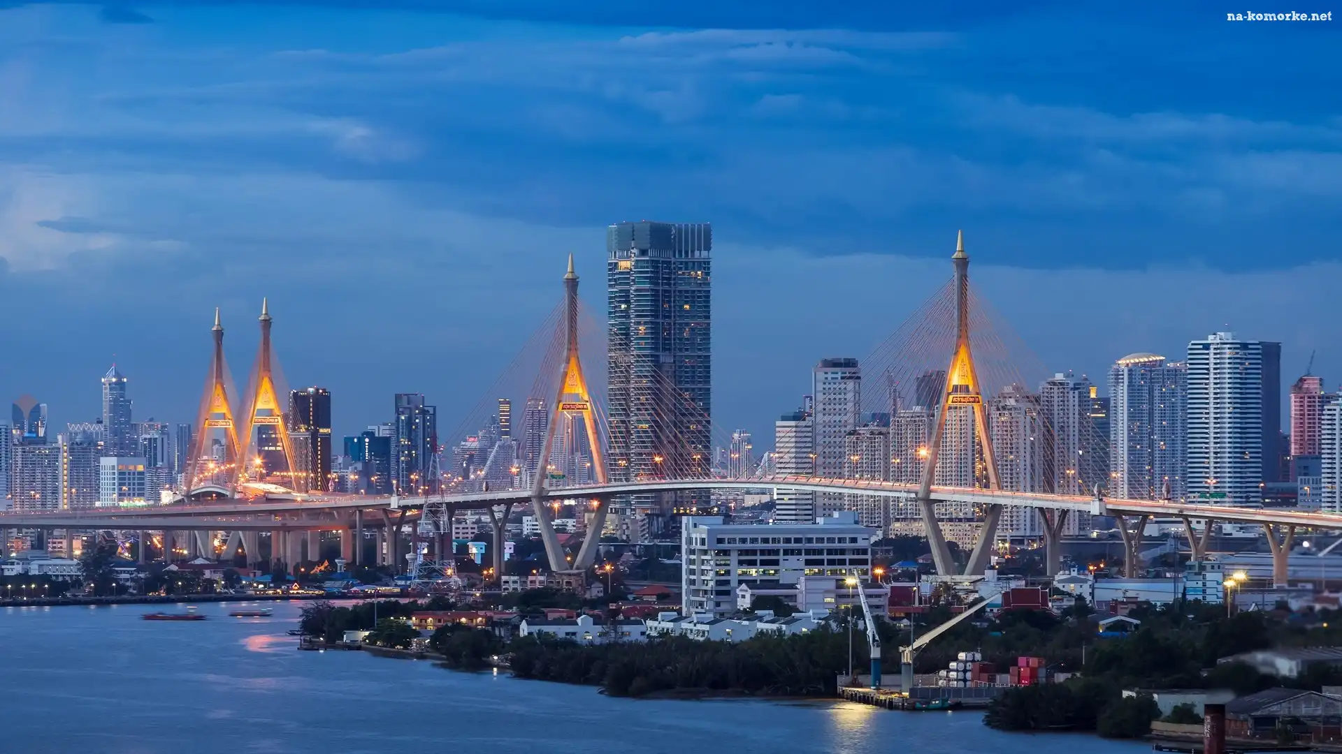 Wieżowce, Rzeka, Zmierzch, Most, Oświetlony, Bangkok, Tajlandia, Menam, Statki