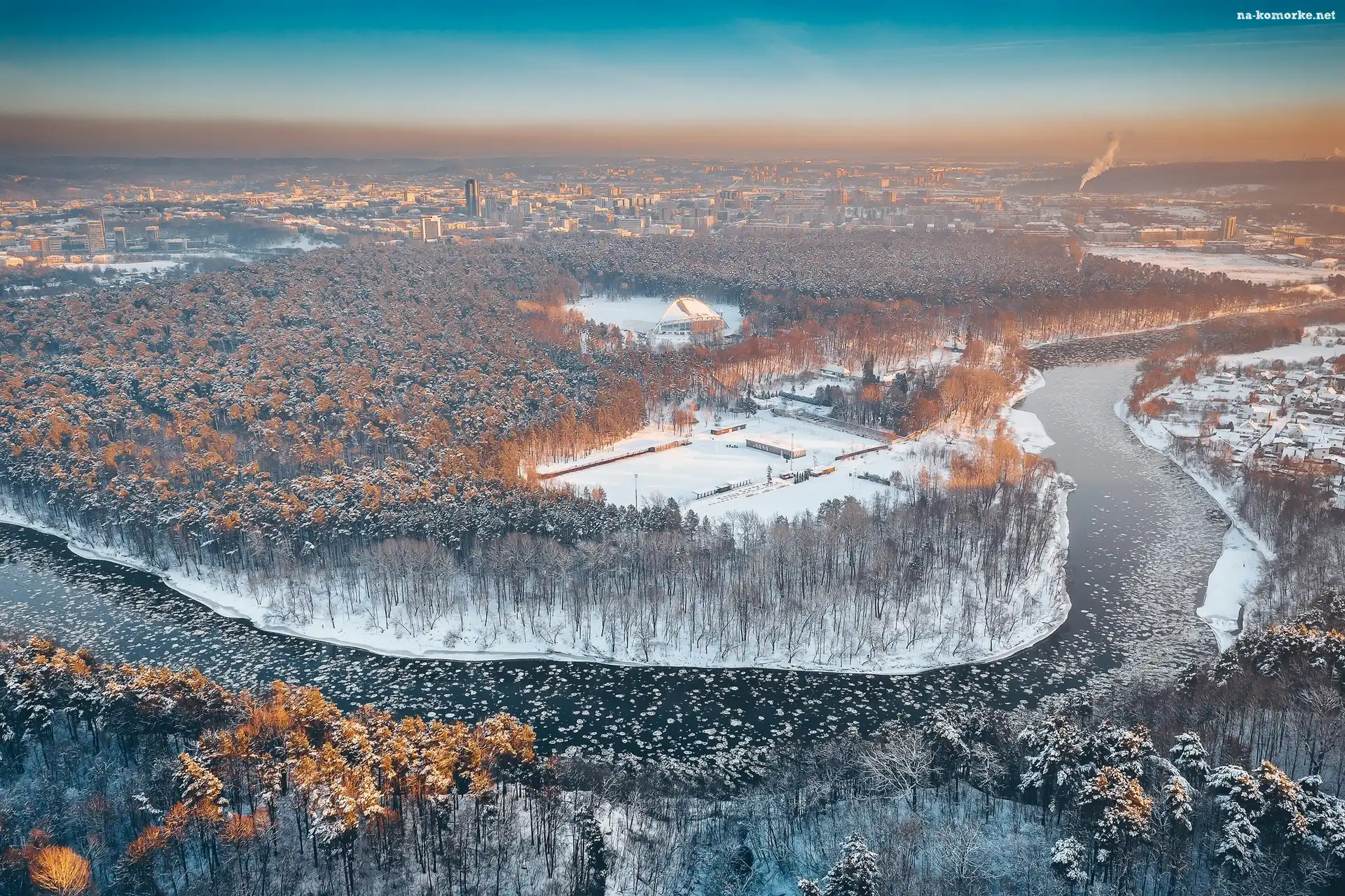 Rzeka Wilia, Park, Zima, Litwa, Drzewa, Wilno