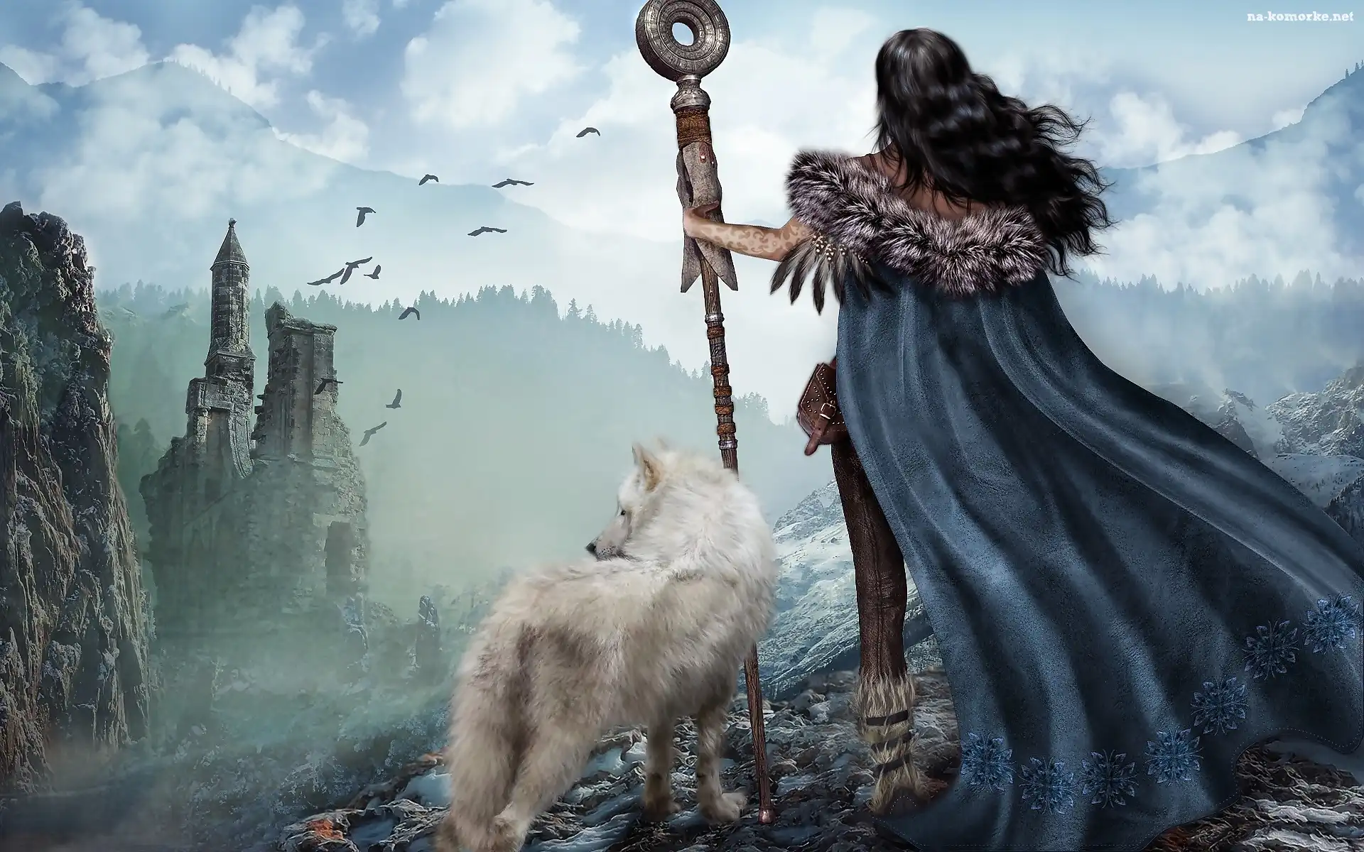 Wilk, Dziewczyna, Fantasy, Ruiny, Biały, Góry