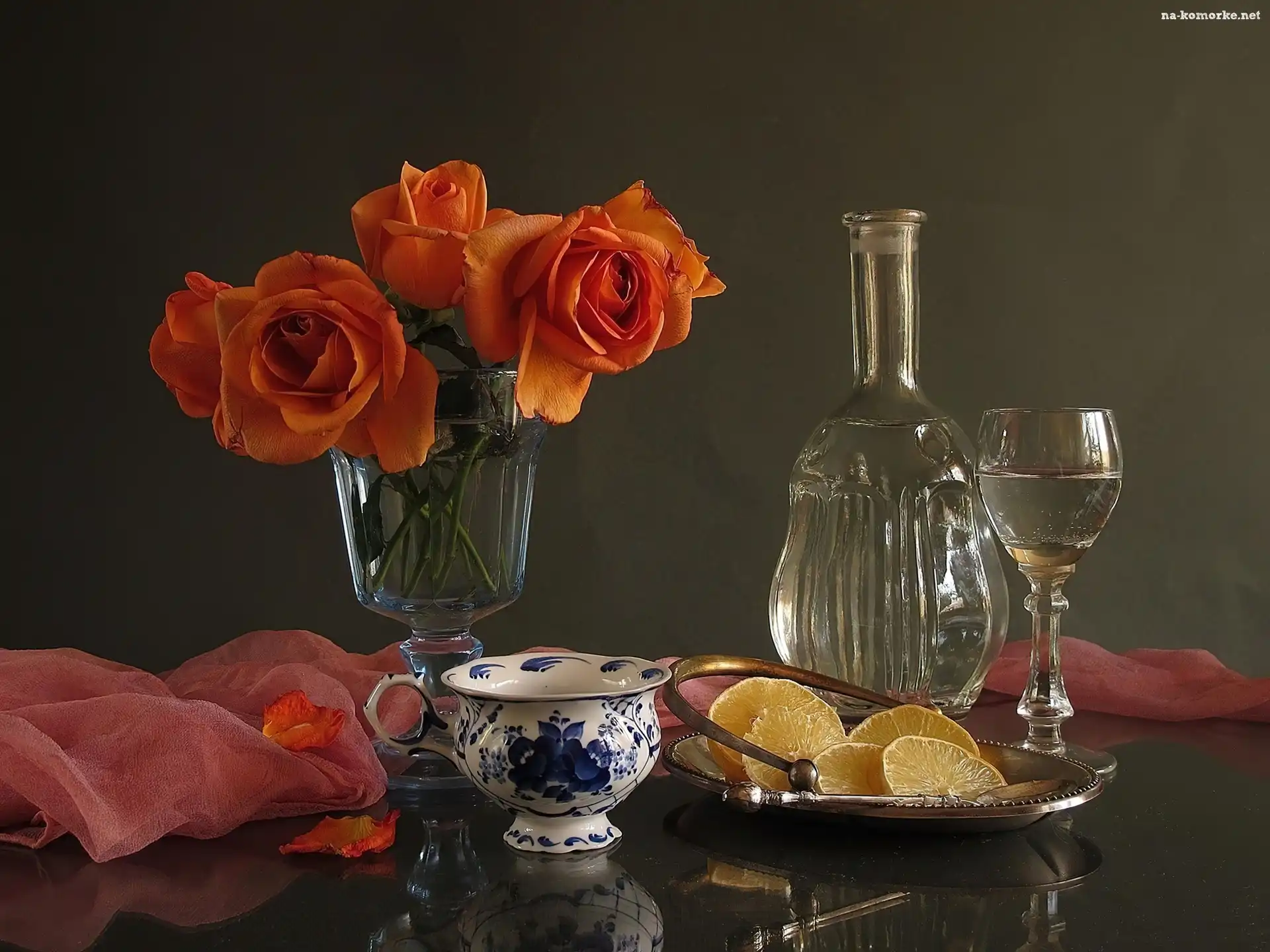 Wino, Pomarańczowe, Róże, Filiżanka, Cytrynki