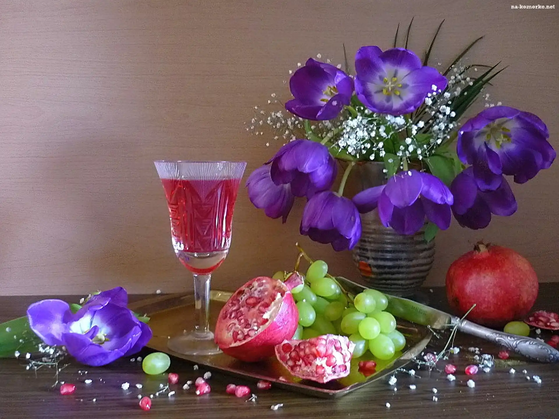 Wino, Fioletowe, Tulipany, Granaty, Winogrona