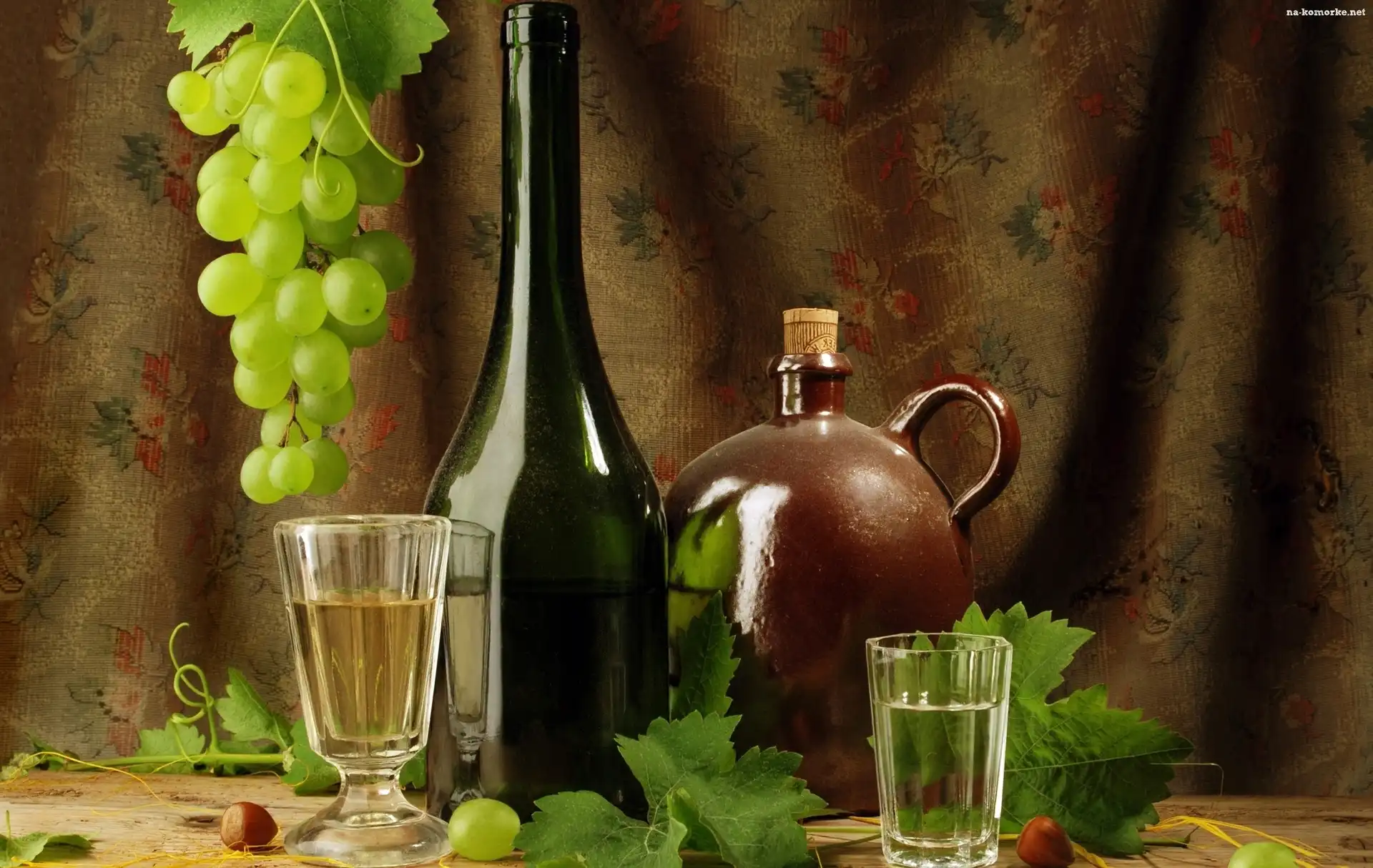 Winogrona, Kieliszek, Butelki, Wino