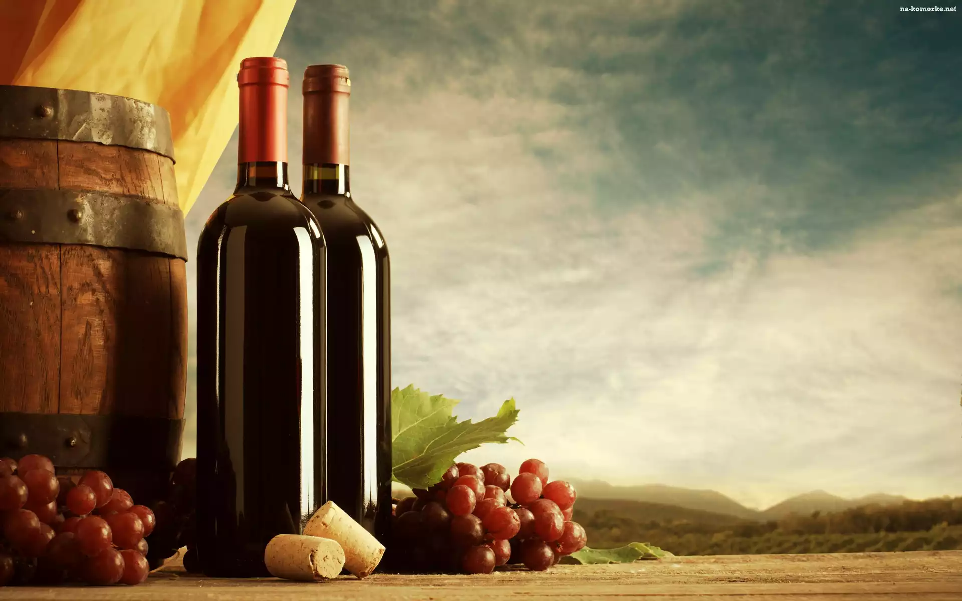 Winogrona, Beczka, Wino, Dwie, Butelki