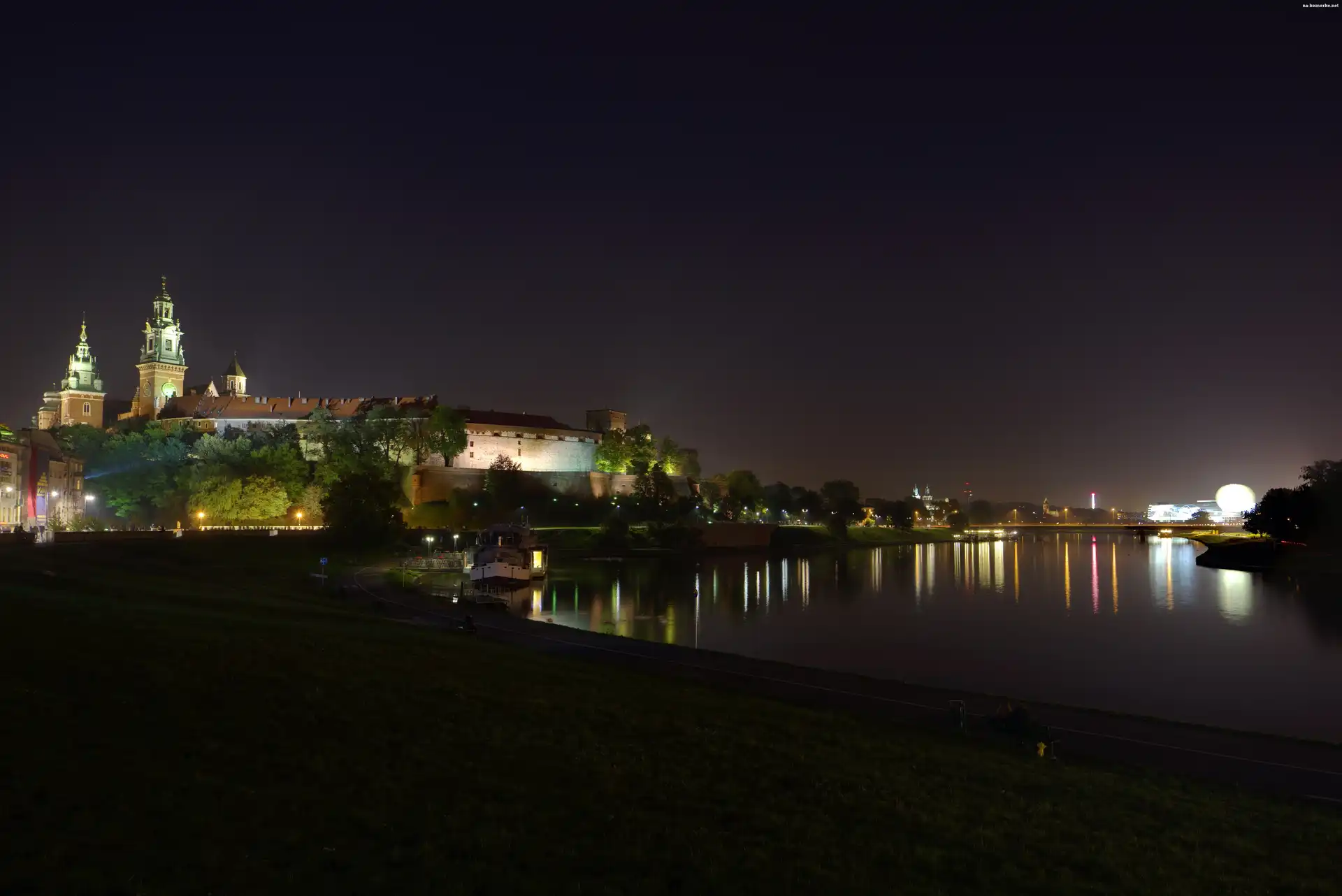 Wawel, Kraków, Polska, Noc, Zamek Królewski na Wawelu, Rzeka Wisła
