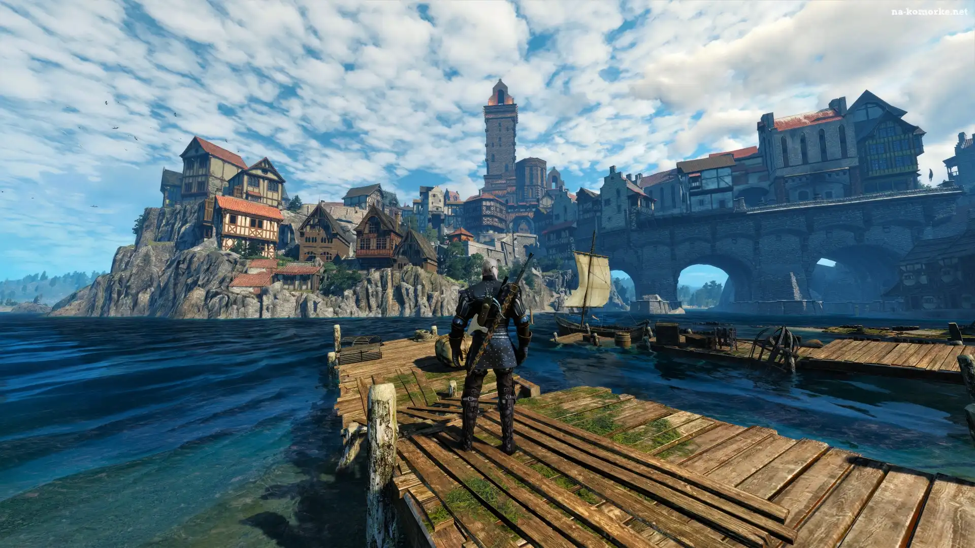 Gra, Domy, Miasto, The Witcher 3 Wild Hunt, Wiedźmin 3 Dziki Gon, Geralt, Pomost