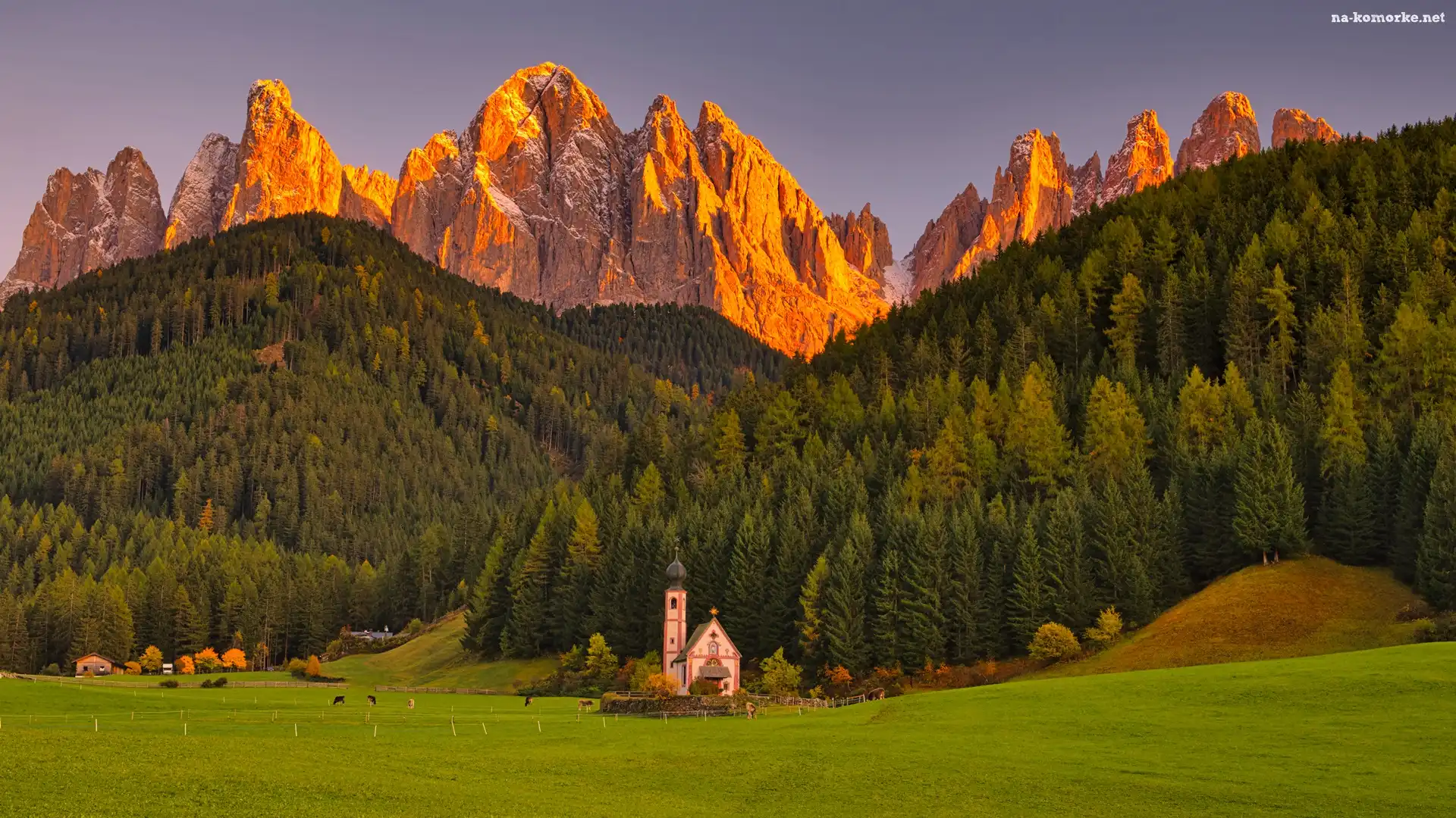 Włochy, Kościół św Jana, Dolomity, Południowy Tyrol, Łąka, Santa Maddalena, Las, Góry, Drzewa, Wieś, Dolina Val di Funes
