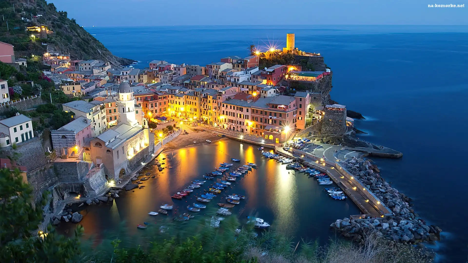 Włochy, Oświetlone, Miasto, Port, Liguria