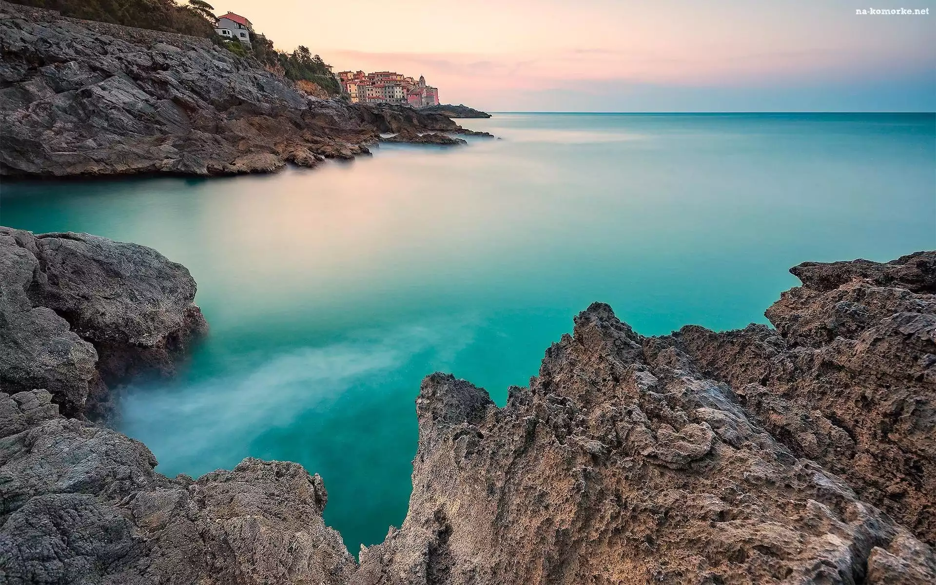 Skały, Morze, Tellaro, Zachód słońca, Włochy, Wybrzeże, Liguria, Domy, Gmina La Spezia