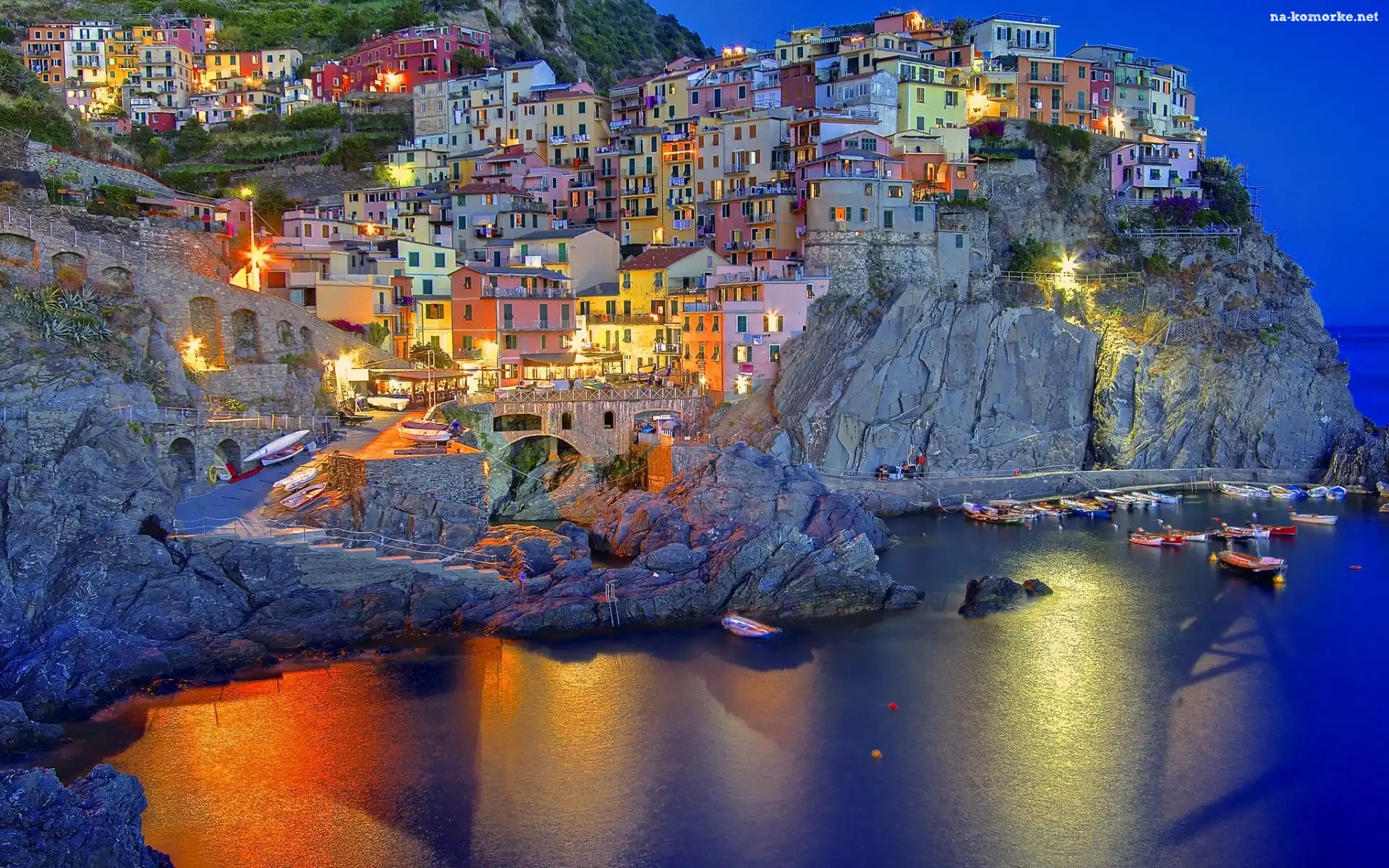 Wybrzeże, Włochy, Zmrok, Zatoka, Łodzie, Miasteczko, Manarola